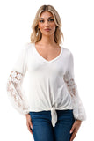 CLAIRE V NECK FRONT TIE TOP (IVORY/ IVORY LACE)-VT3044