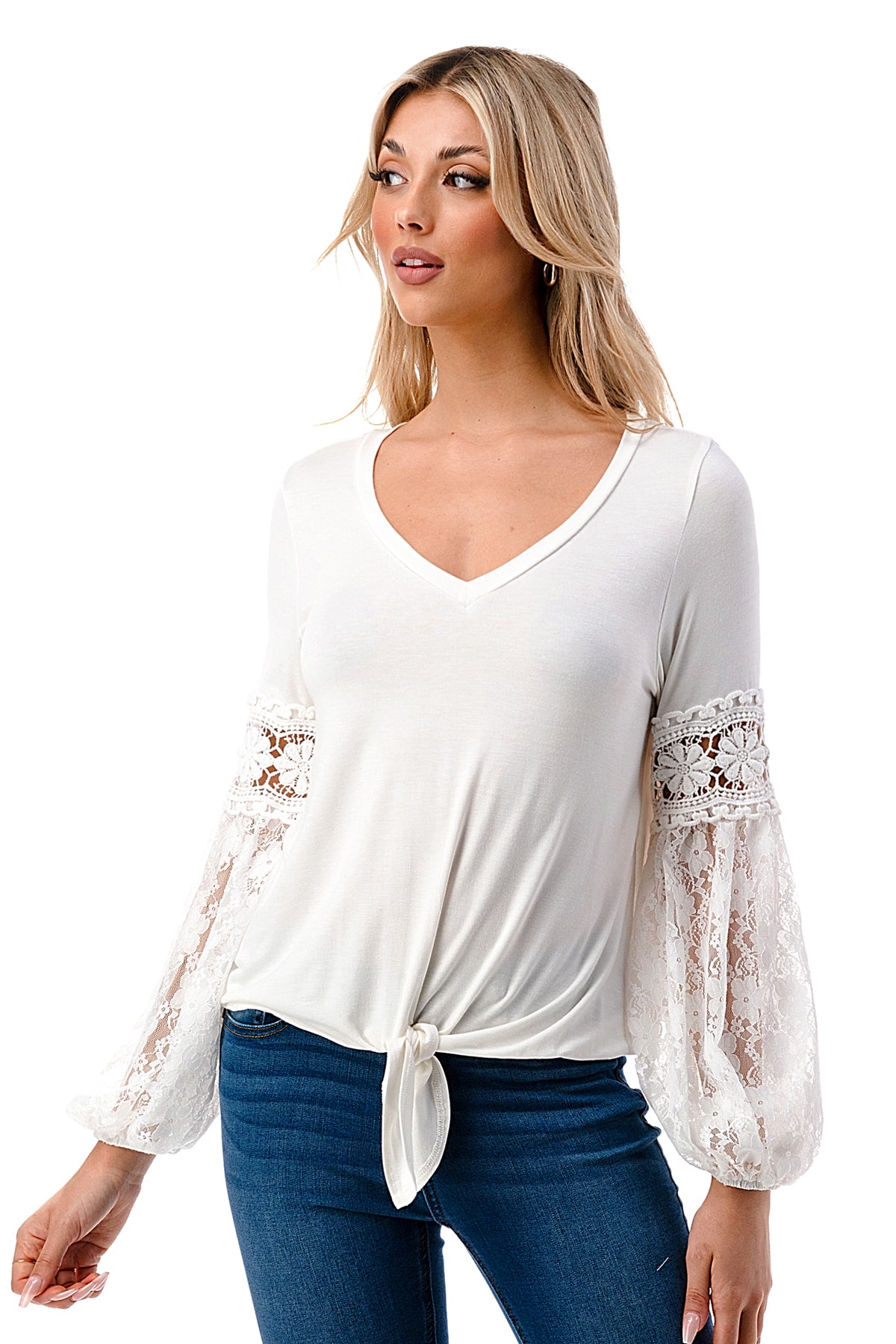 CLAIRE V NECK FRONT TIE TOP (IVORY/ IVORY LACE)-VT3044