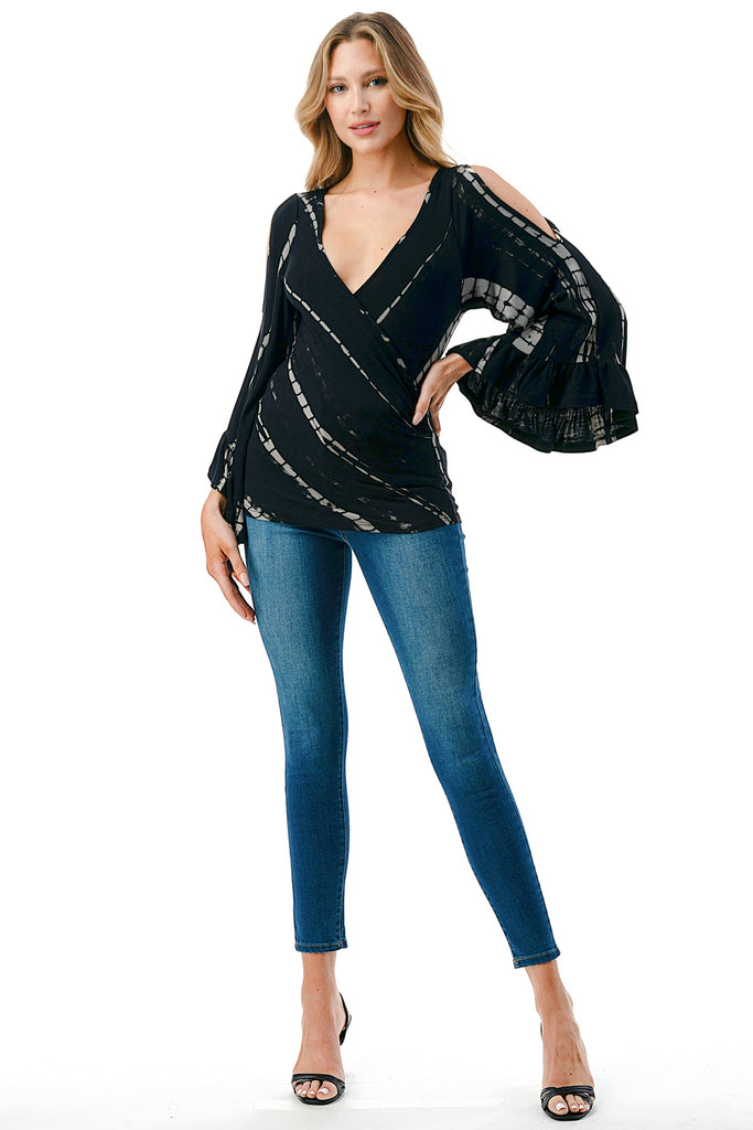 KELSEY RUFFLE SLEEVE TOP (BLACK BAMBOO)-VT3150