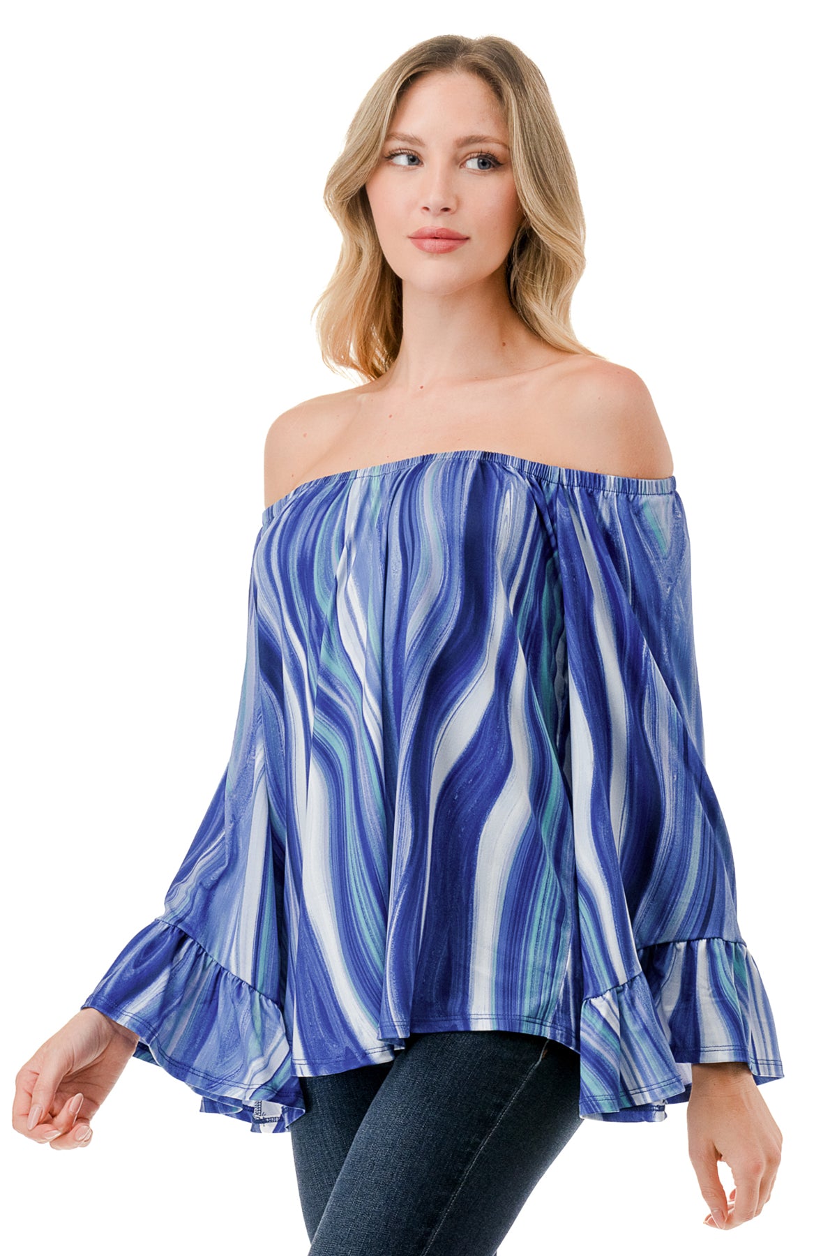 CORDELIA OFF SHOULDER TOP (BLUE WATERCOLOR)-VT3154