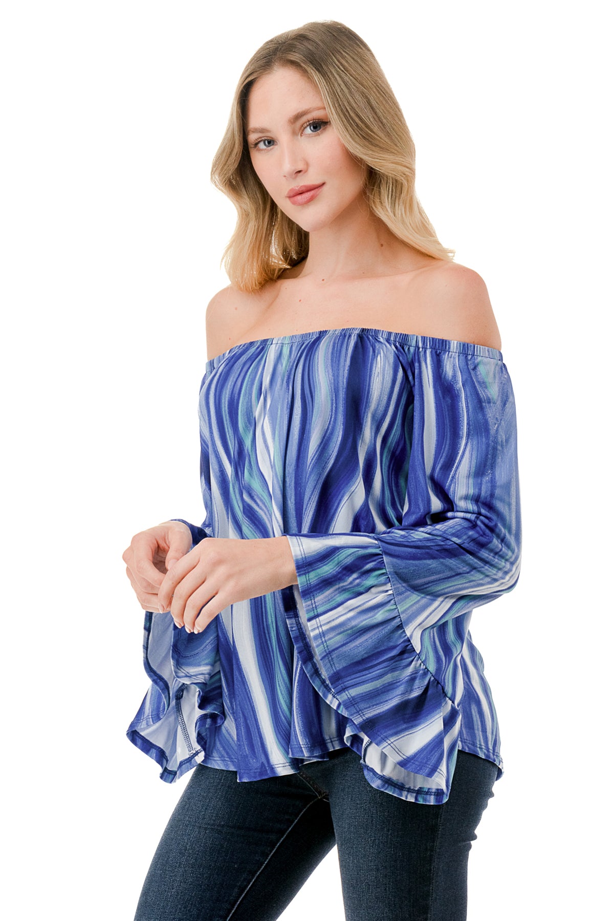 CORDELIA OFF SHOULDER TOP (BLUE WATERCOLOR)-VT3154