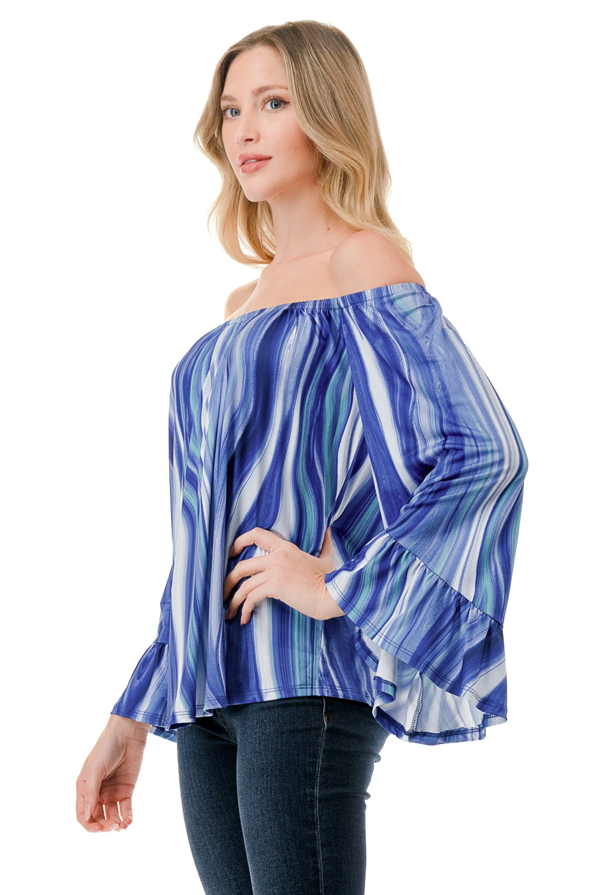 CORDELIA OFF SHOULDER TOP (BLUE WATERCOLOR)-VT3154