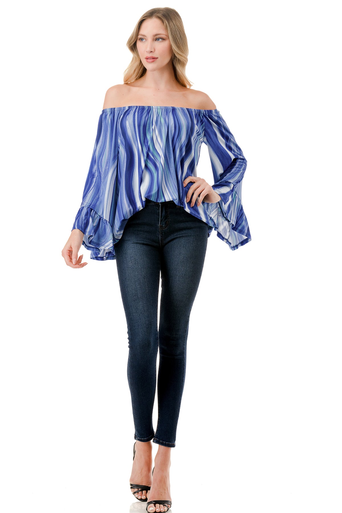 CORDELIA OFF SHOULDER TOP (BLUE WATERCOLOR)-VT3154