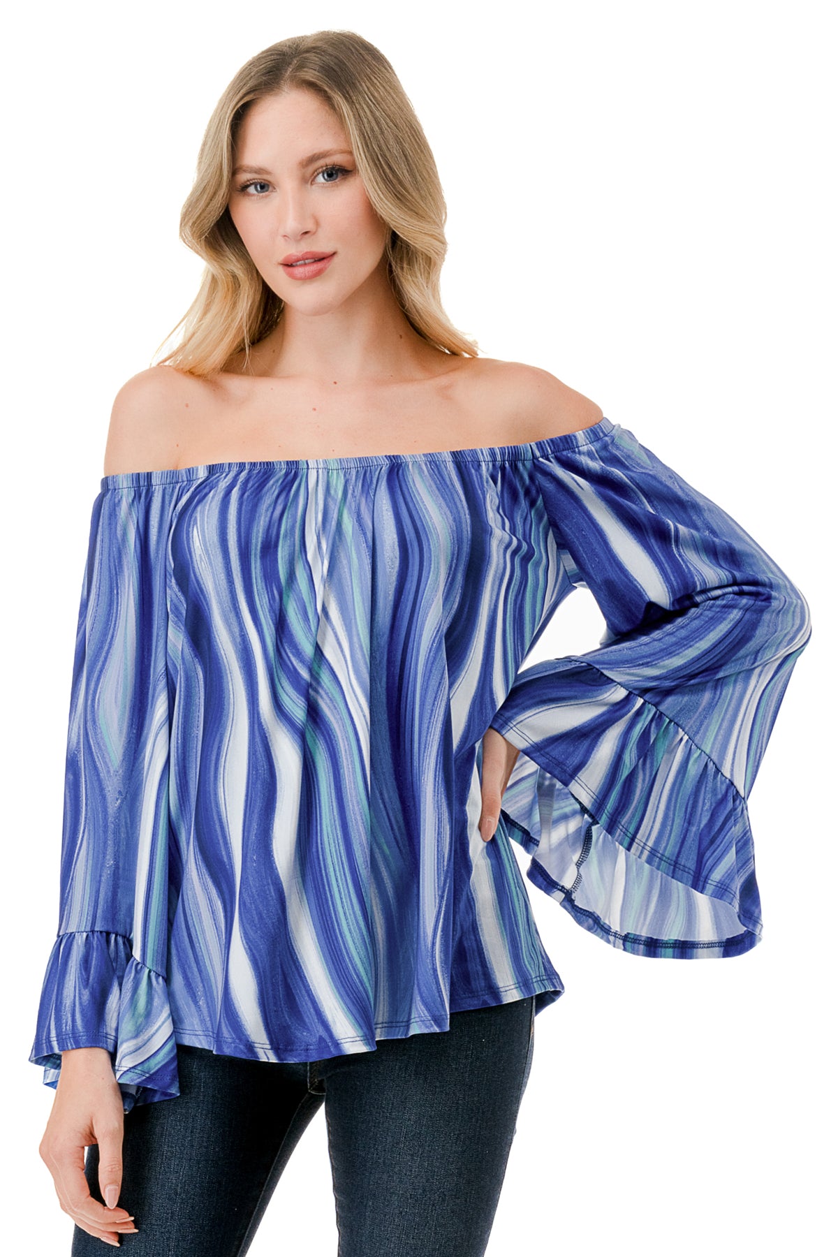 CORDELIA OFF SHOULDER TOP (BLUE WATERCOLOR)-VT3154