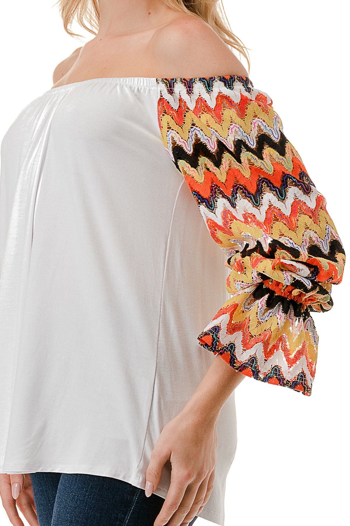 FRANCES OFF SHOULDER TOP (IVORY / ORANGE GREEN WAVE)- VT3160