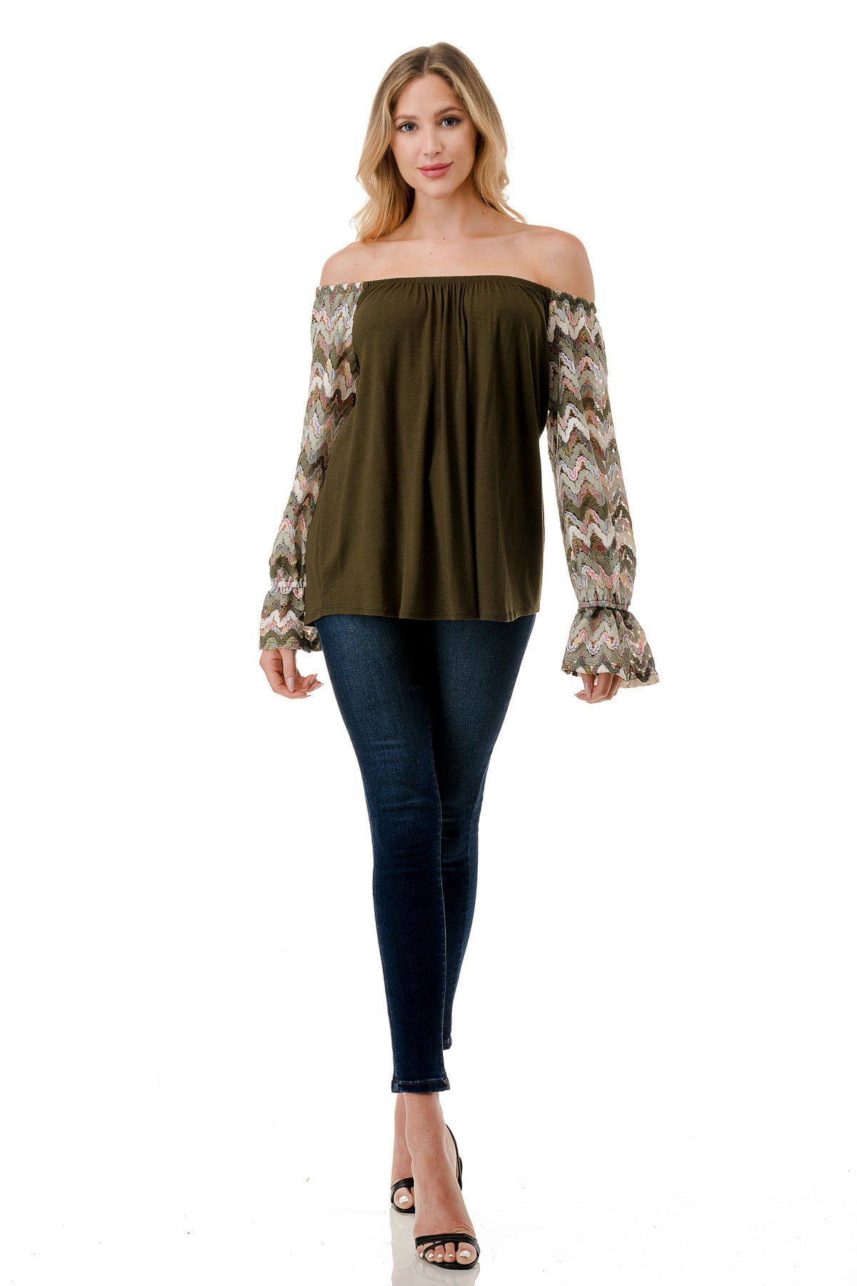 FRANCES OFF SHOULDER TOP (OLIVE / OLIVE MULTI WAVE)- VT3160