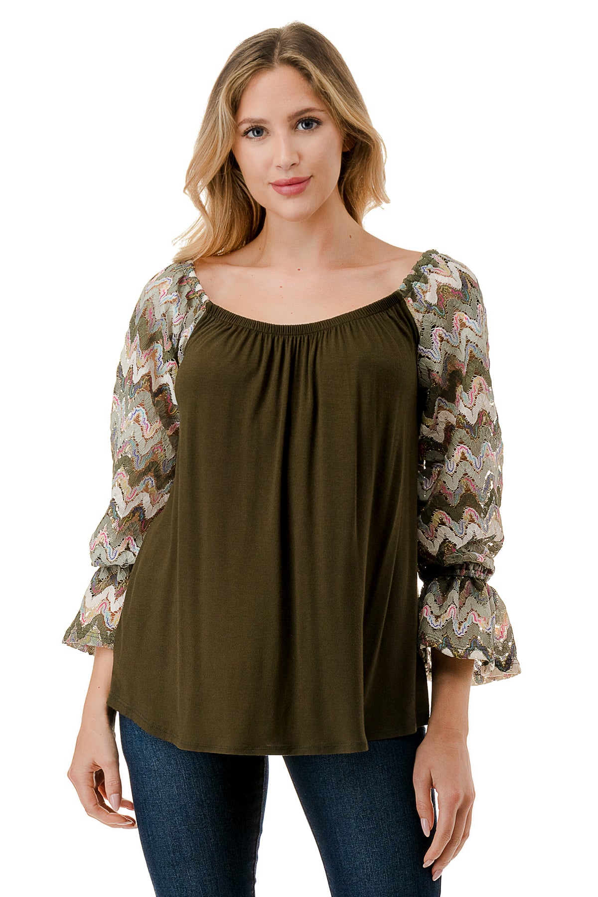 FRANCES OFF SHOULDER TOP (OLIVE / OLIVE MULTI WAVE)- VT3160
