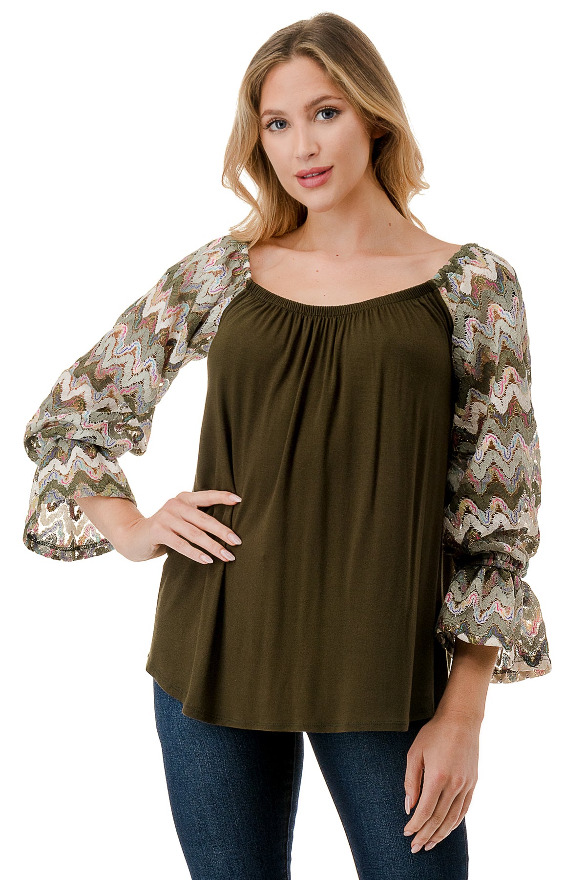 FRANCES OFF SHOULDER TOP (OLIVE / OLIVE MULTI WAVE)- VT3160