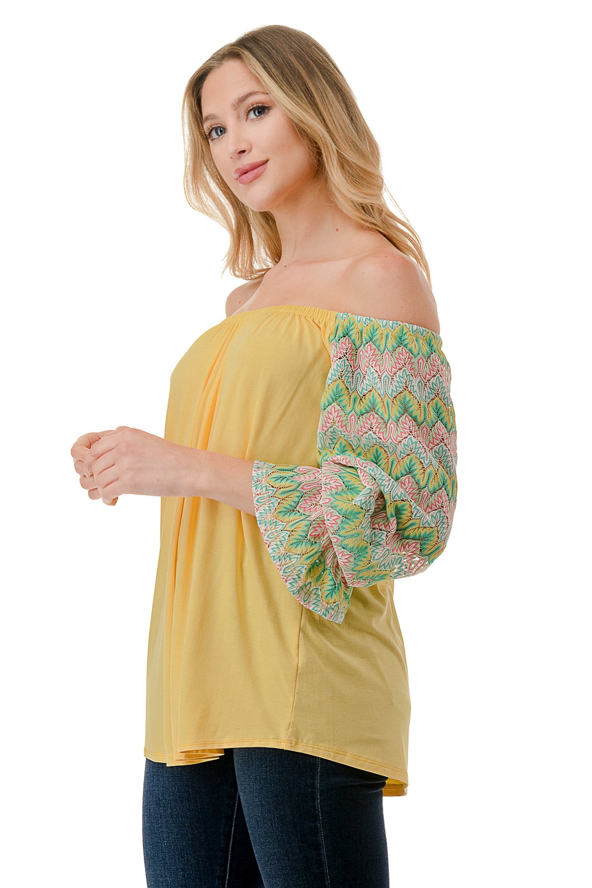 FRANCES OFF SHOULDER TOP (YELLOW / GREEN PINK CROCHET)- VT3160
