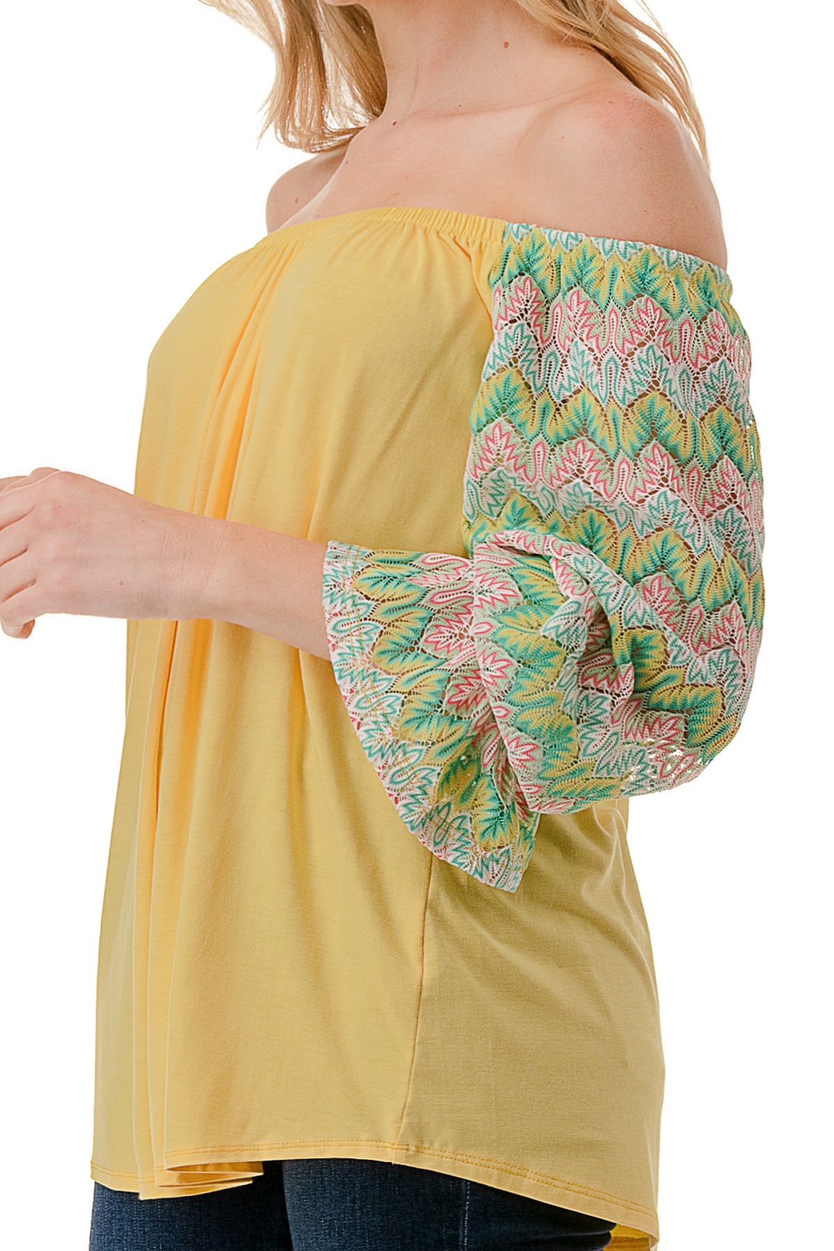 FRANCES OFF SHOULDER TOP (YELLOW / GREEN PINK CROCHET)- VT3160