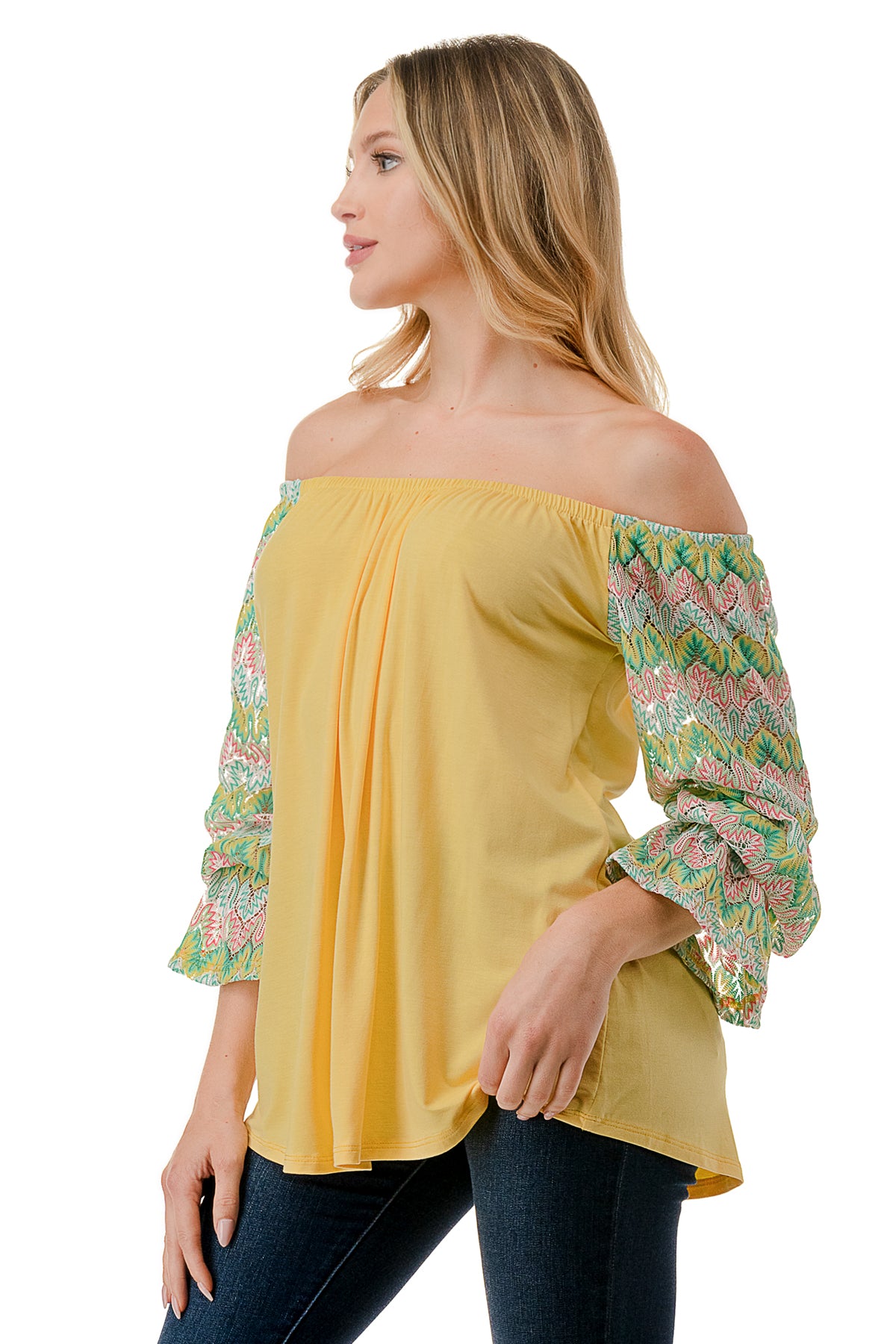 FRANCES OFF SHOULDER TOP (YELLOW / GREEN PINK CROCHET)- VT3160