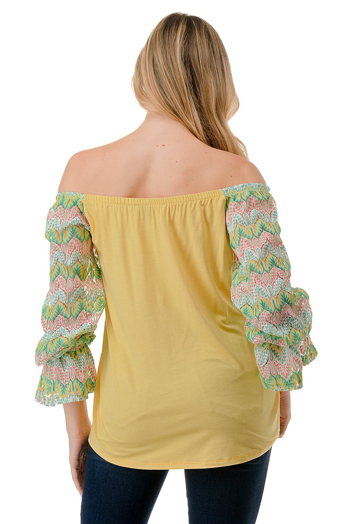 FRANCES OFF SHOULDER TOP (YELLOW / GREEN PINK CROCHET)- VT3160