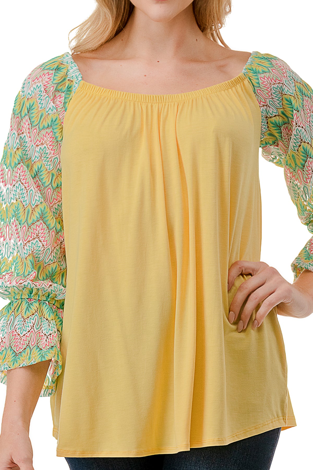 FRANCES OFF SHOULDER TOP (YELLOW / GREEN PINK CROCHET)- VT3160