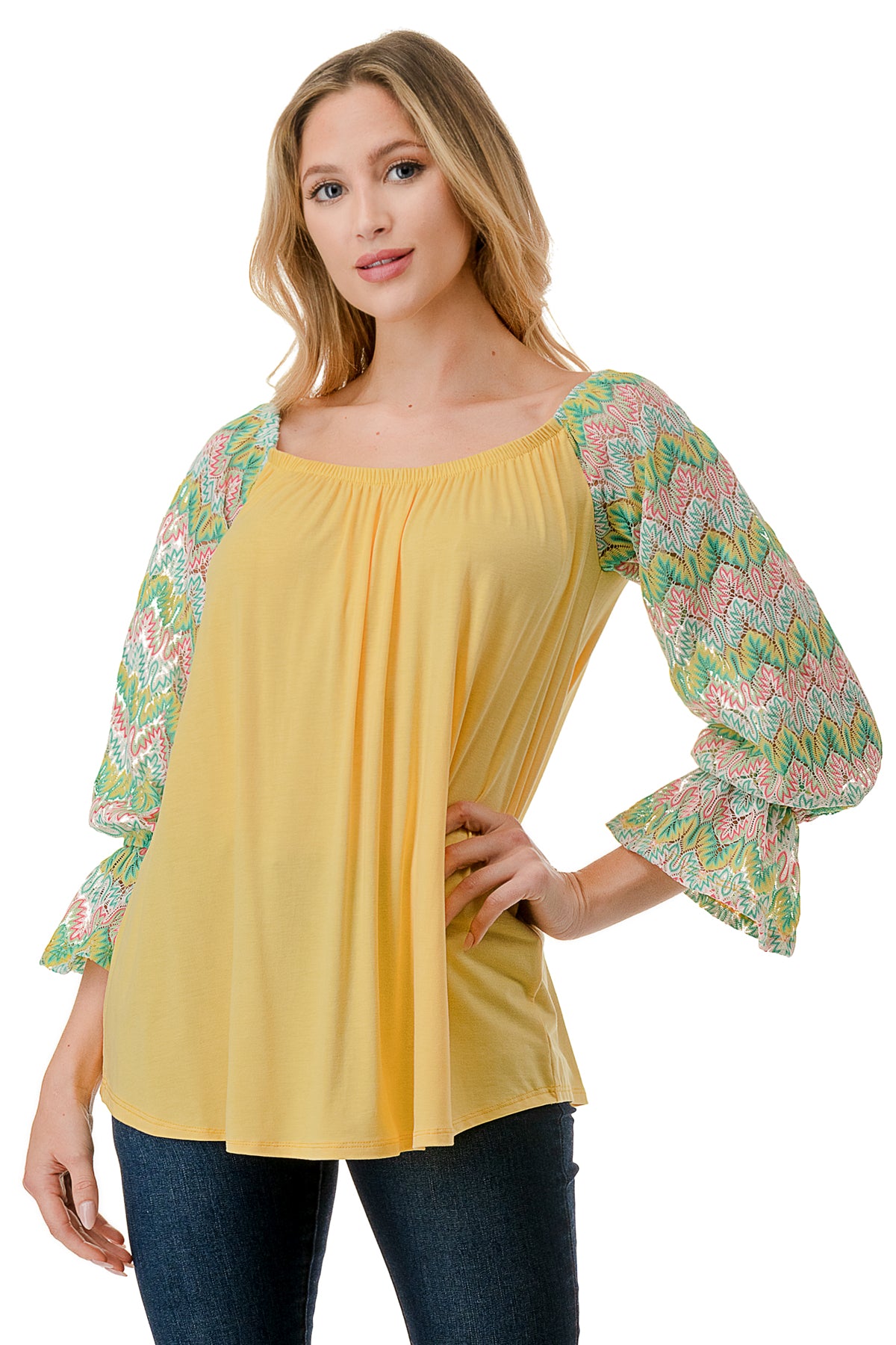 FRANCES OFF SHOULDER TOP (YELLOW / GREEN PINK CROCHET)- VT3160