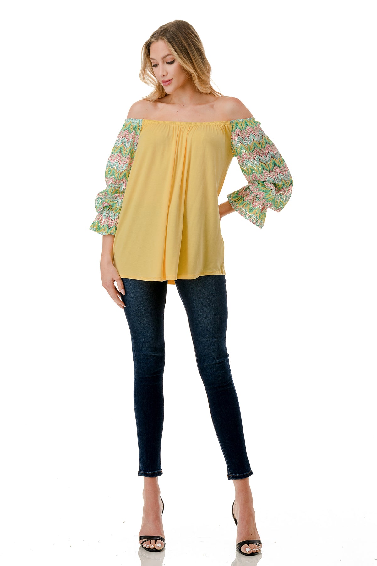 FRANCES OFF SHOULDER TOP (YELLOW / GREEN PINK CROCHET)- VT3160