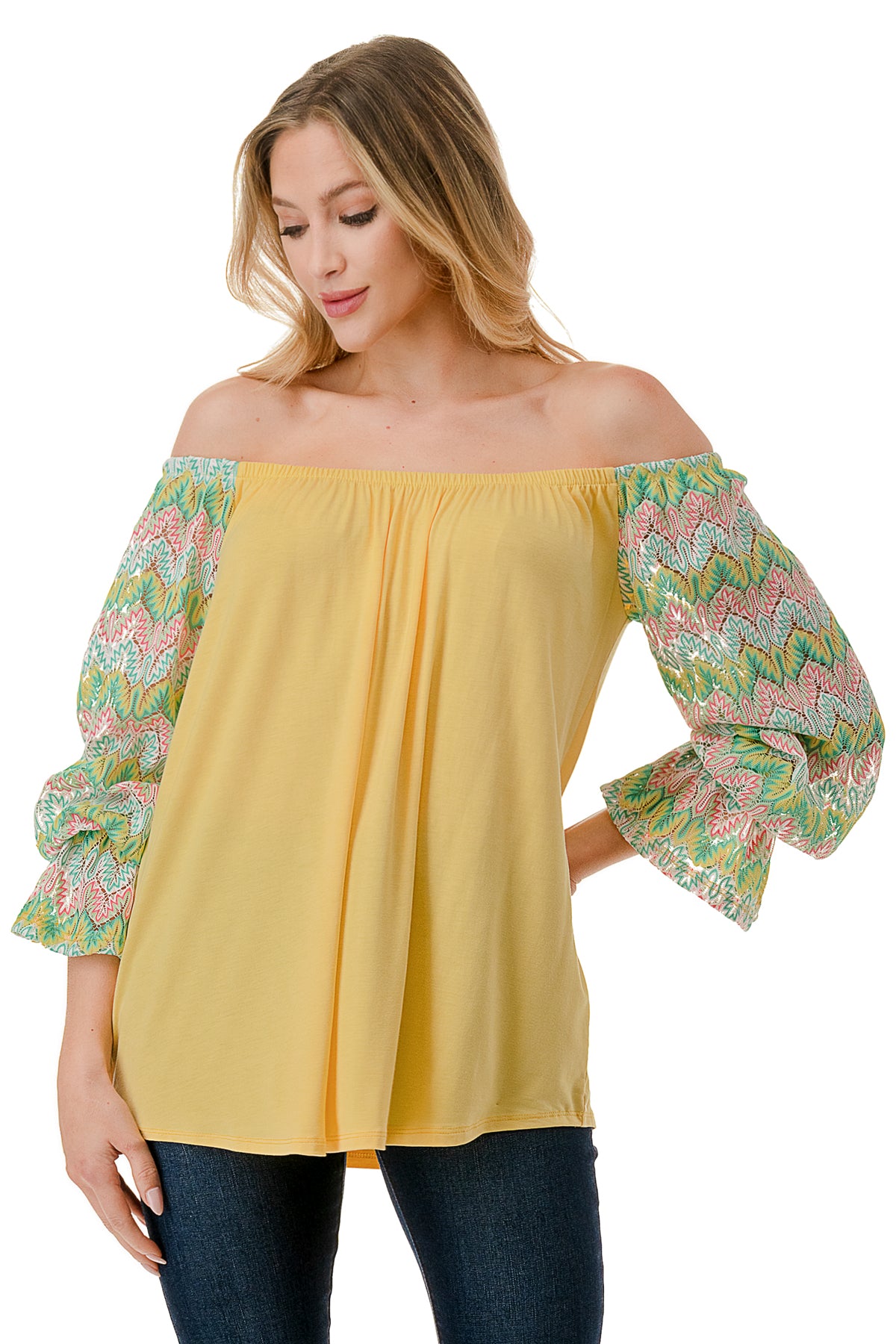 FRANCES OFF SHOULDER TOP (YELLOW / GREEN PINK CROCHET)- VT3160