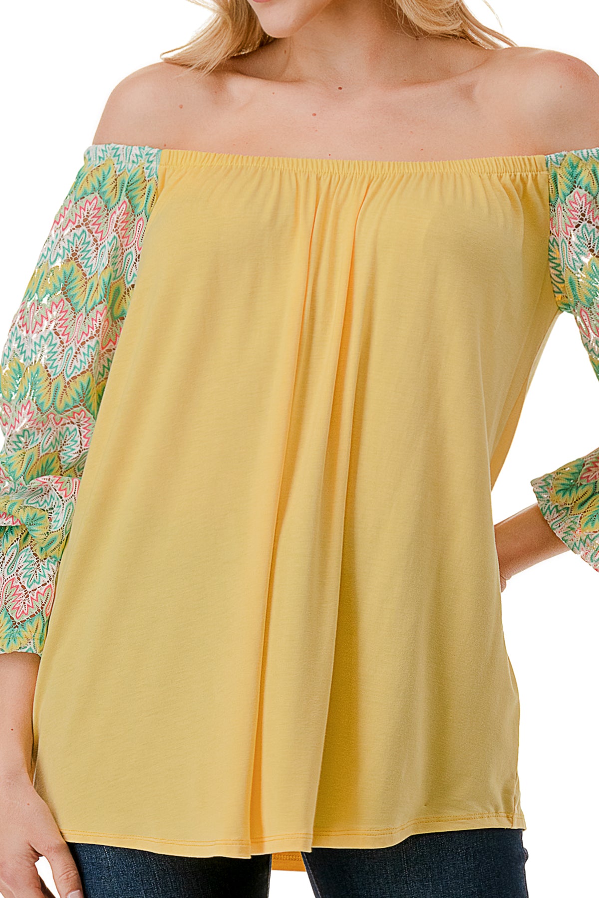 FRANCES OFF SHOULDER TOP (YELLOW / GREEN PINK CROCHET)- VT3160