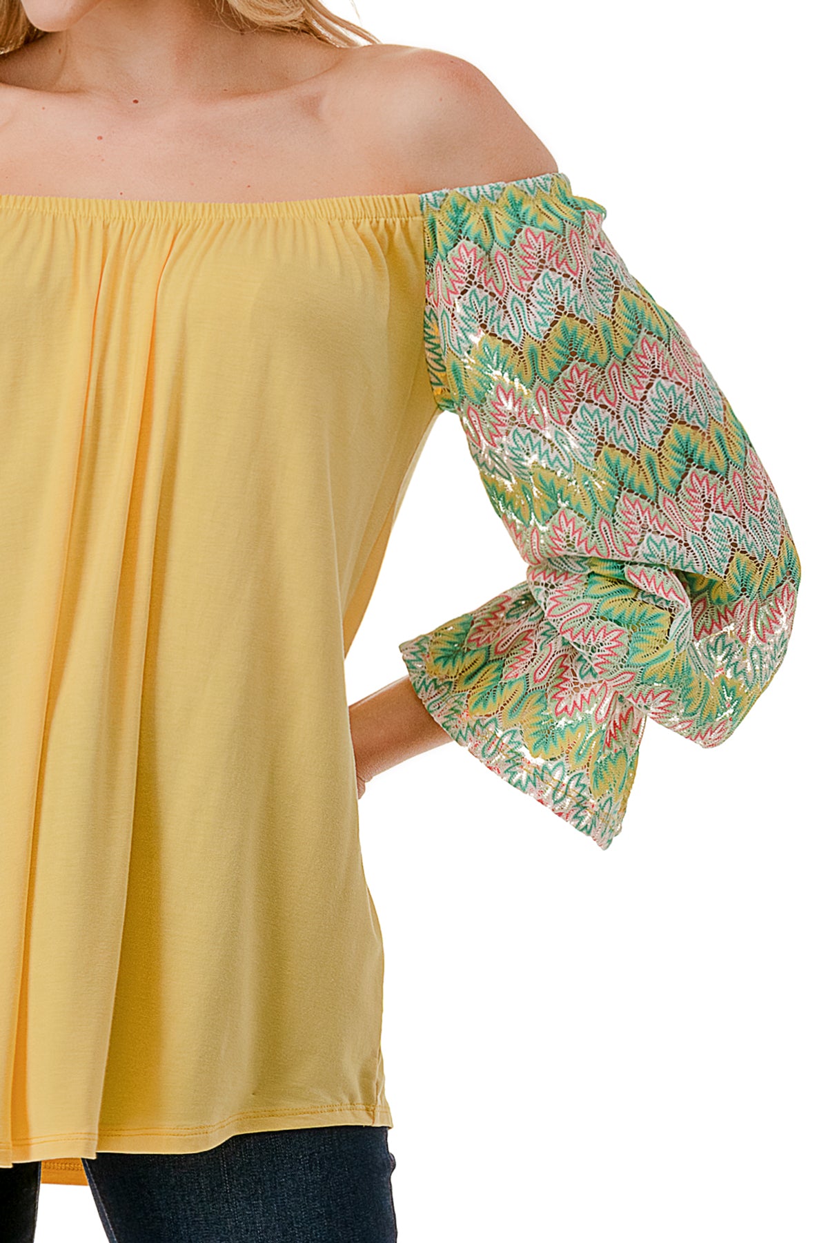 FRANCES OFF SHOULDER TOP (YELLOW / GREEN PINK CROCHET)- VT3160