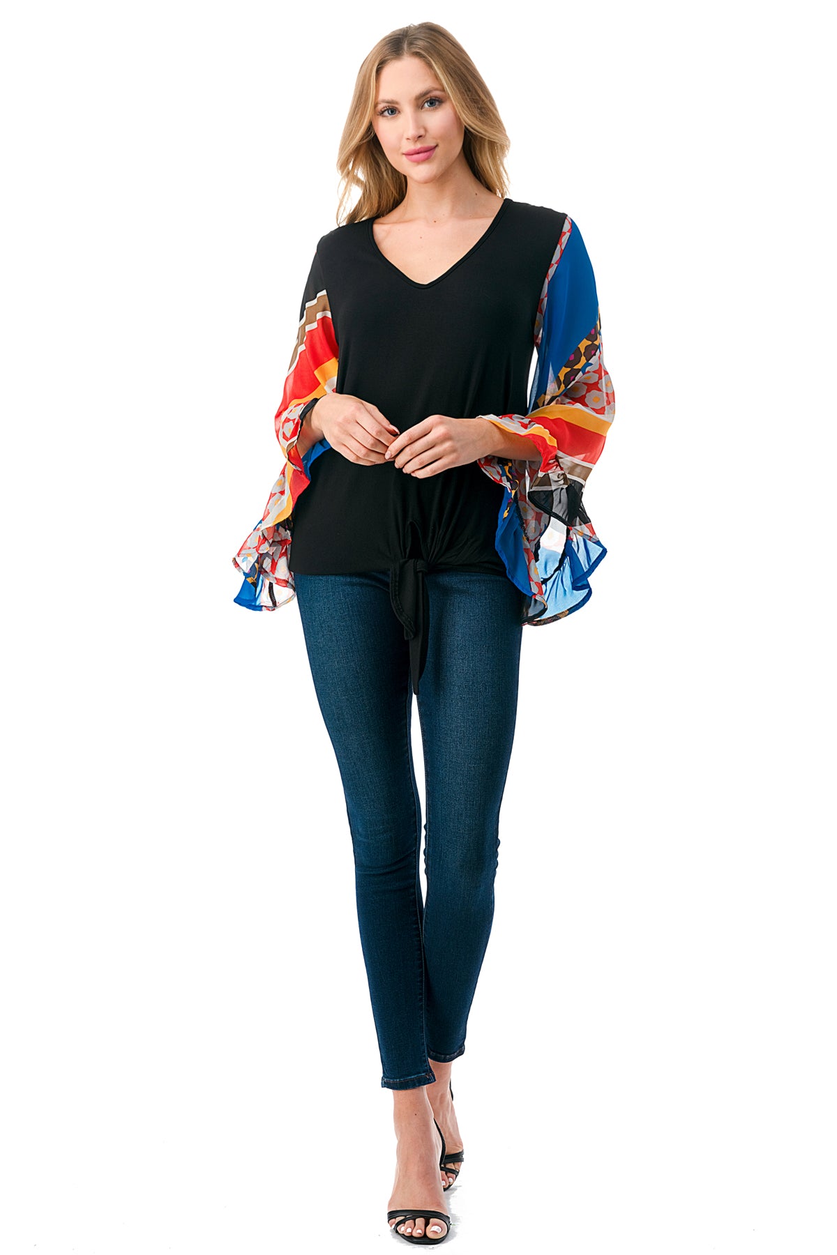 JANE V NECK RUFFLE SLEEVE TOP (BLACK / MULTI STRIPE)- VT3171