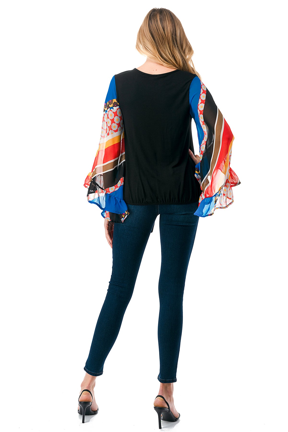 JANE V NECK RUFFLE SLEEVE TOP (BLACK / MULTI STRIPE)- VT3171