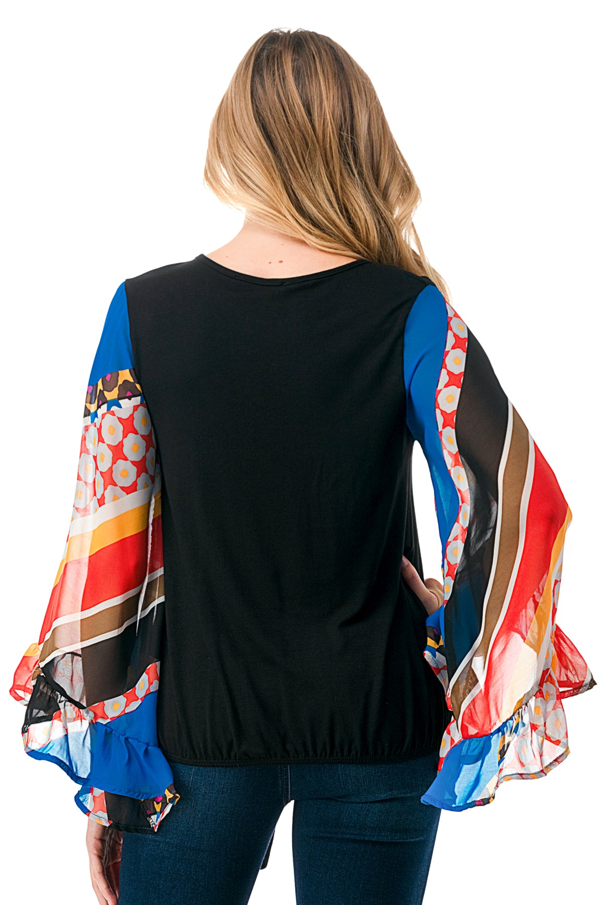 JANE V NECK RUFFLE SLEEVE TOP (BLACK / MULTI STRIPE)- VT3171