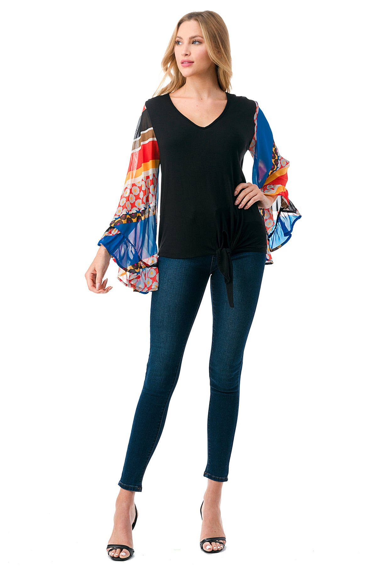 JANE V NECK RUFFLE SLEEVE TOP (BLACK / MULTI STRIPE)- VT3171