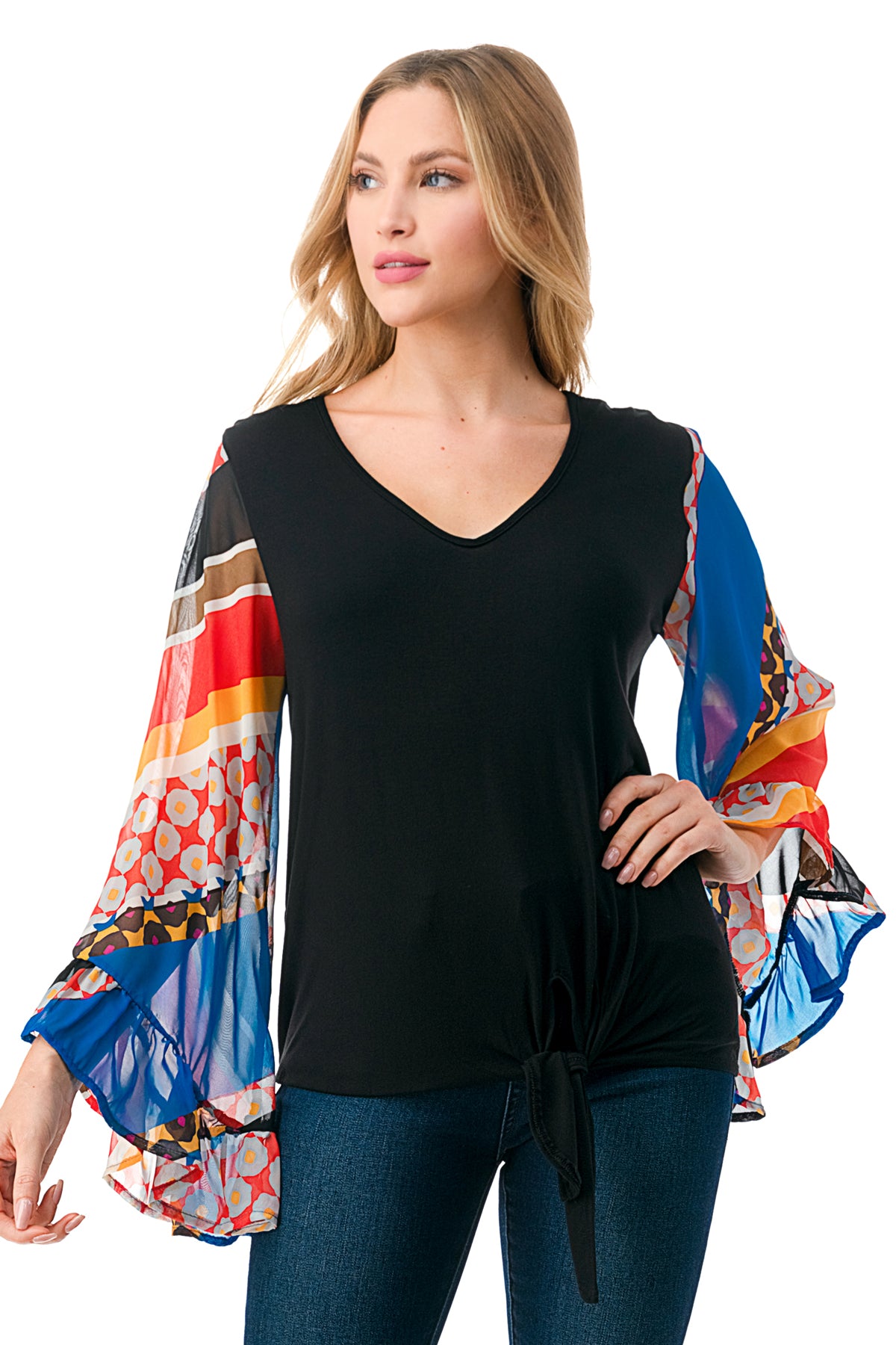 JANE V NECK RUFFLE SLEEVE TOP (BLACK / MULTI STRIPE)- VT3171