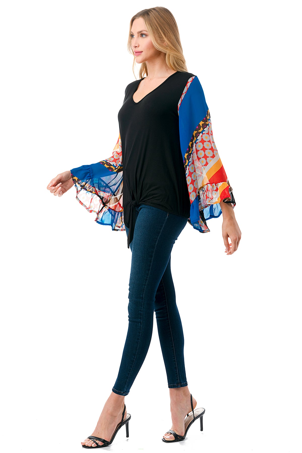 JANE V NECK RUFFLE SLEEVE TOP (BLACK / MULTI STRIPE)- VT3171