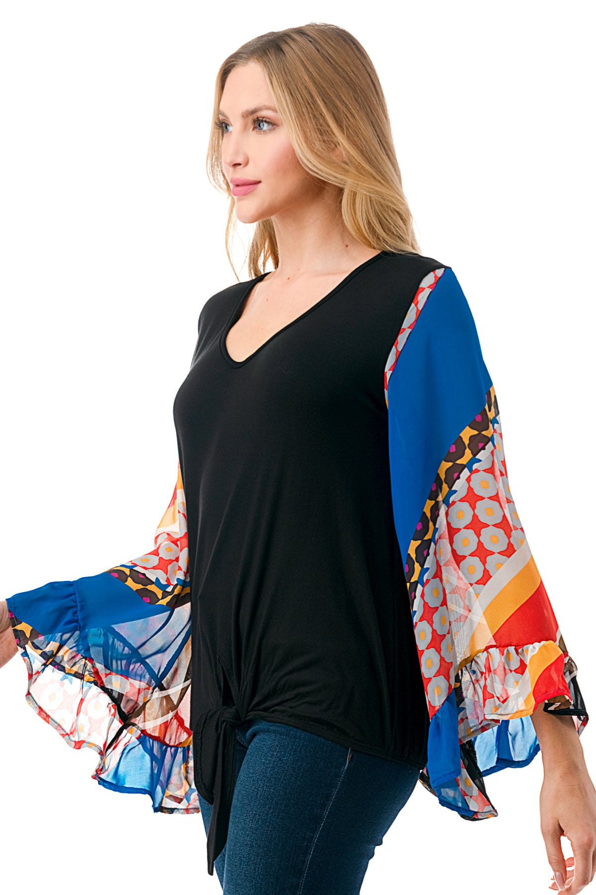 JANE V NECK RUFFLE SLEEVE TOP (BLACK / MULTI STRIPE)- VT3171