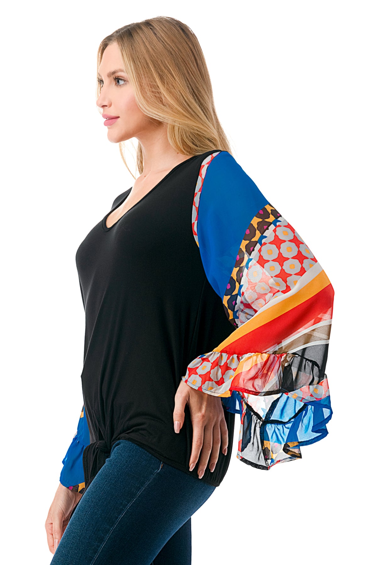 JANE V NECK RUFFLE SLEEVE TOP (BLACK / MULTI STRIPE)- VT3171