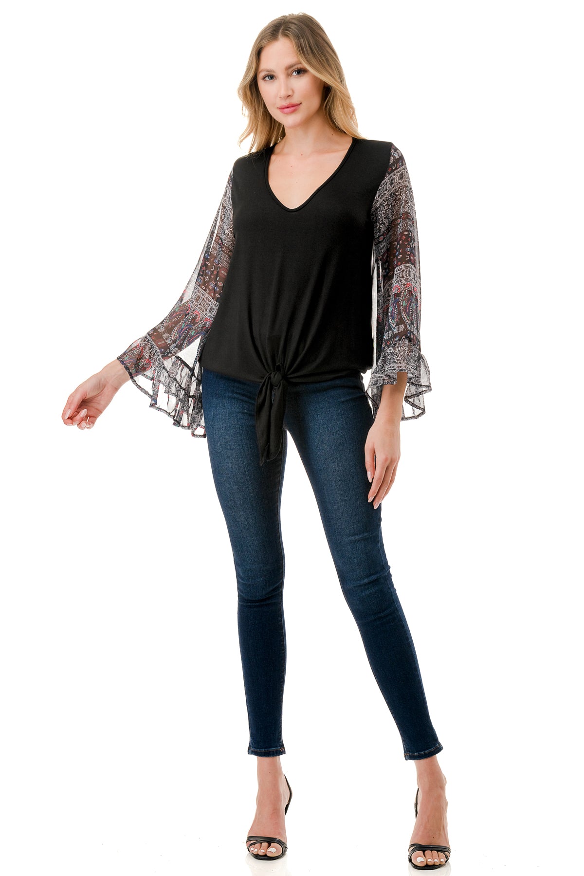 JANE V NECK RUFFLE SLEEVE TOP (BLACK / VINTAGE BOHO)- VT3171
