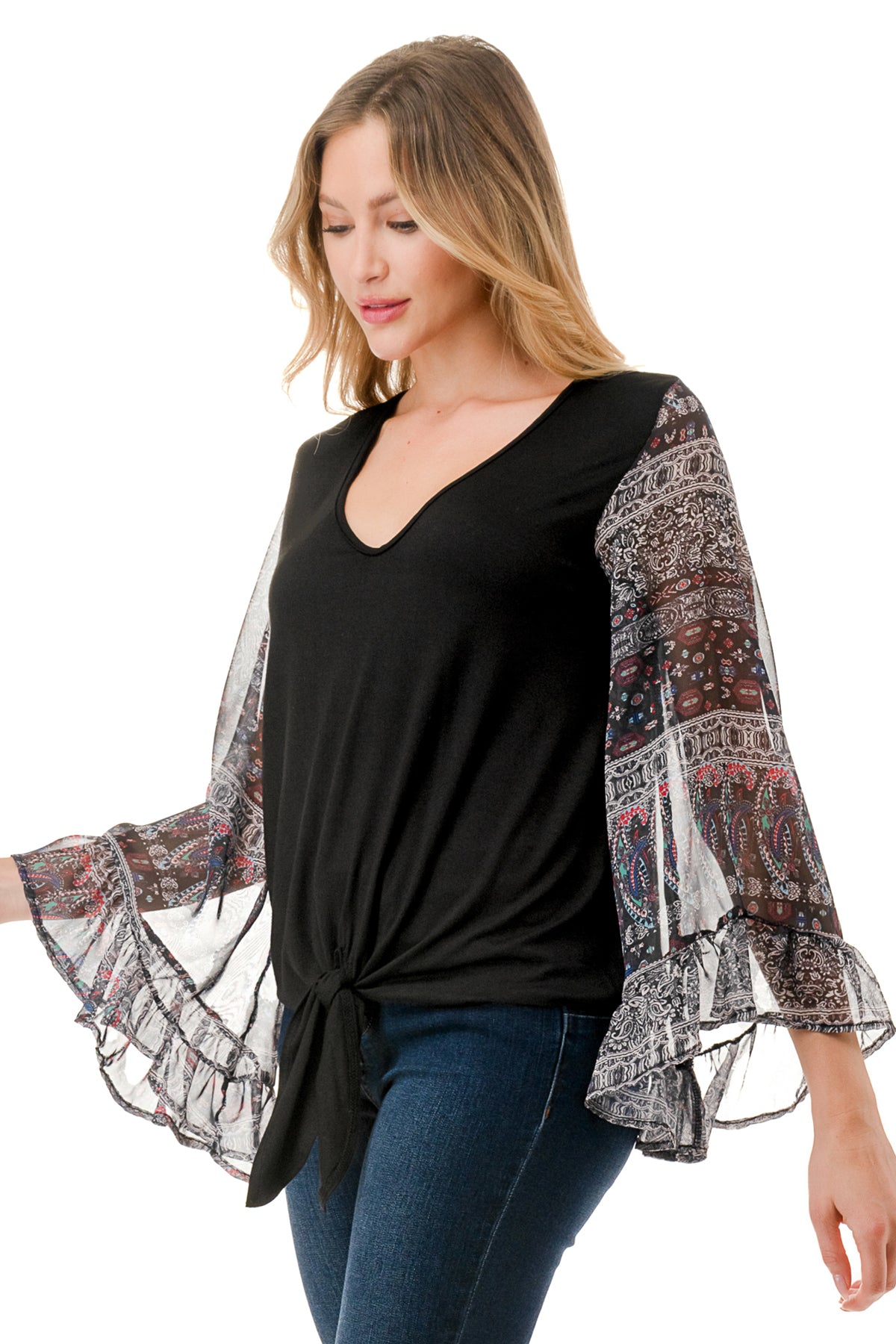 JANE V NECK RUFFLE SLEEVE TOP (BLACK / VINTAGE BOHO)- VT3171