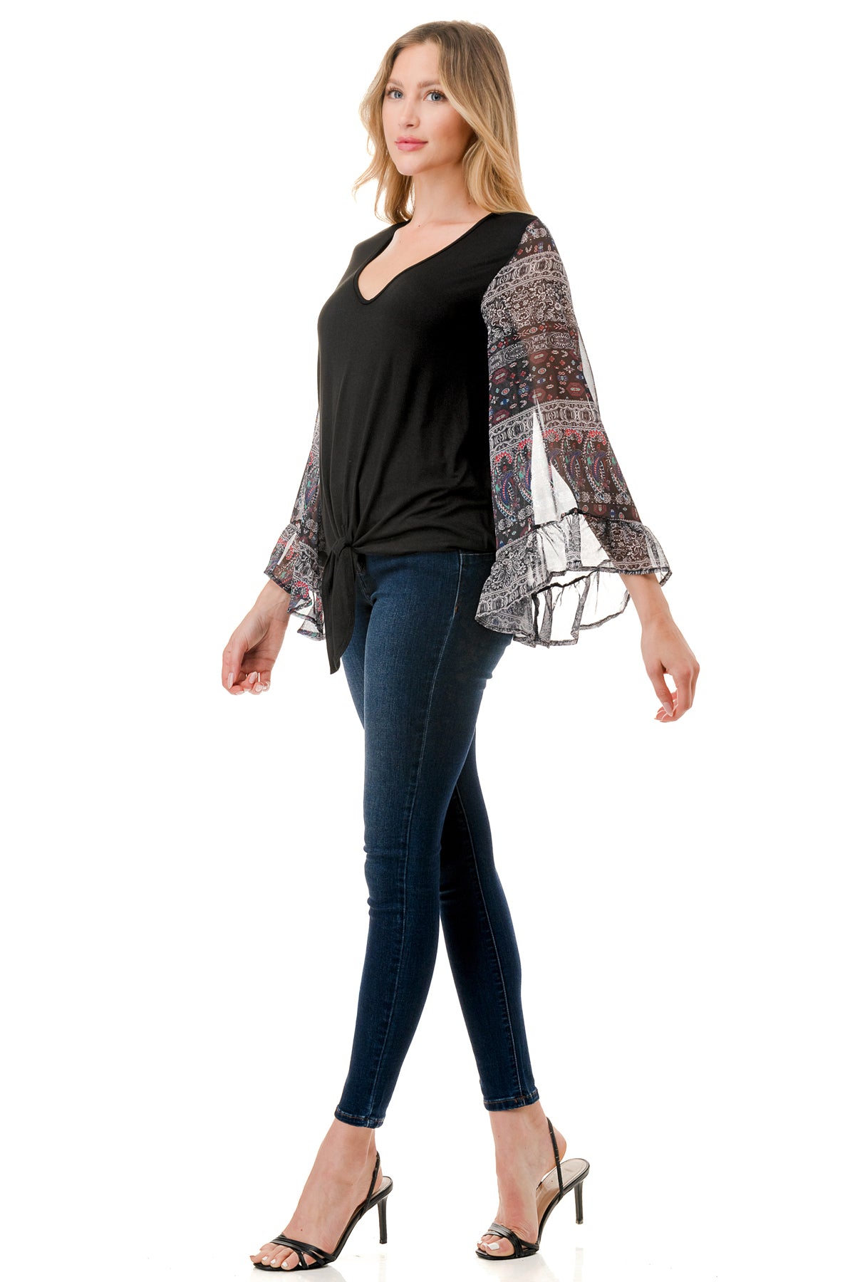 JANE V NECK RUFFLE SLEEVE TOP (BLACK / VINTAGE BOHO)- VT3171