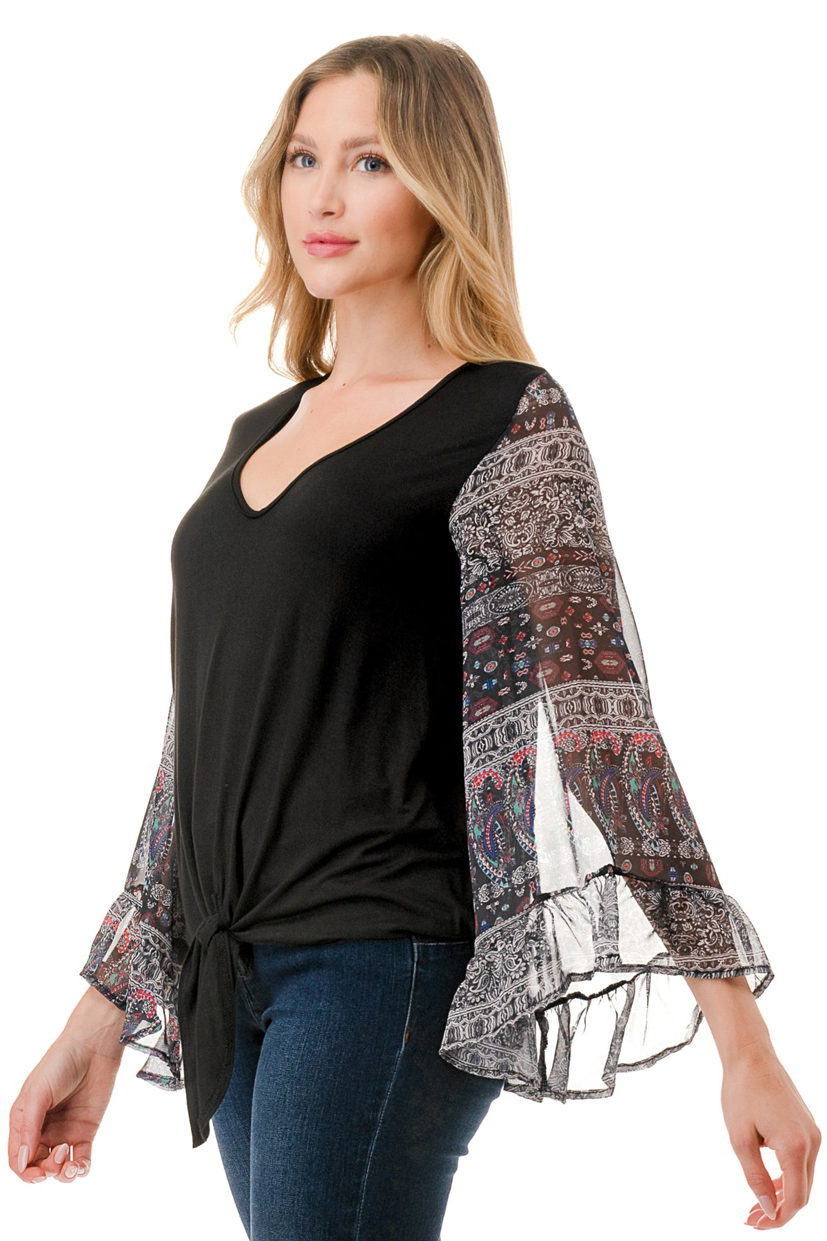 JANE V NECK RUFFLE SLEEVE TOP (BLACK / VINTAGE BOHO)- VT3171