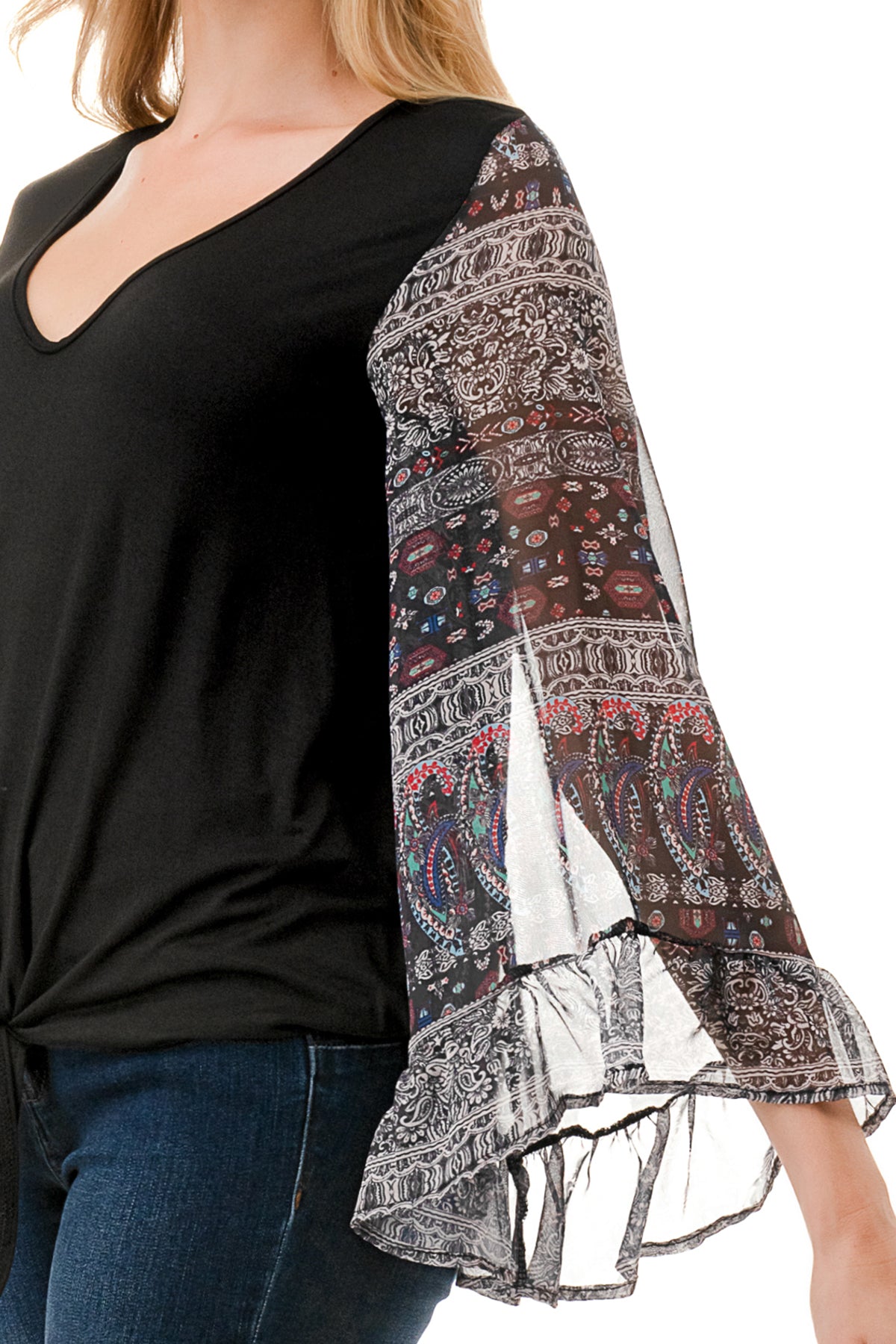 JANE V NECK RUFFLE SLEEVE TOP (BLACK / VINTAGE BOHO)- VT3171