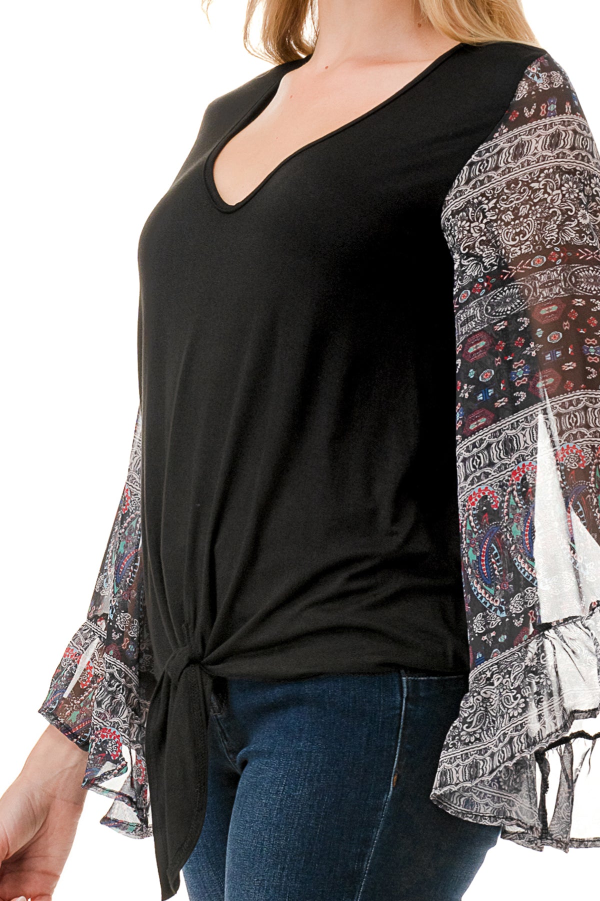 JANE V NECK RUFFLE SLEEVE TOP (BLACK / VINTAGE BOHO)- VT3171