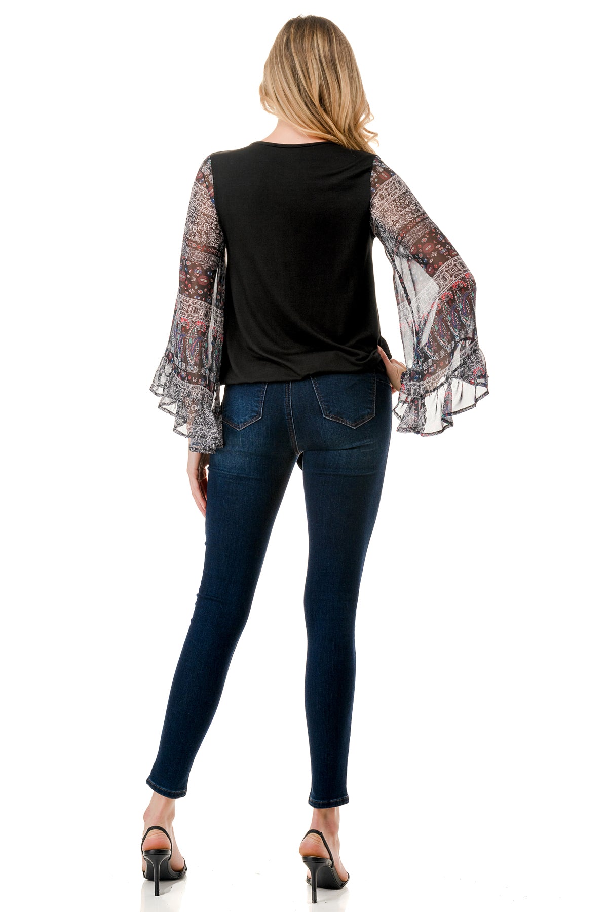 JANE V NECK RUFFLE SLEEVE TOP (BLACK / VINTAGE BOHO)- VT3171