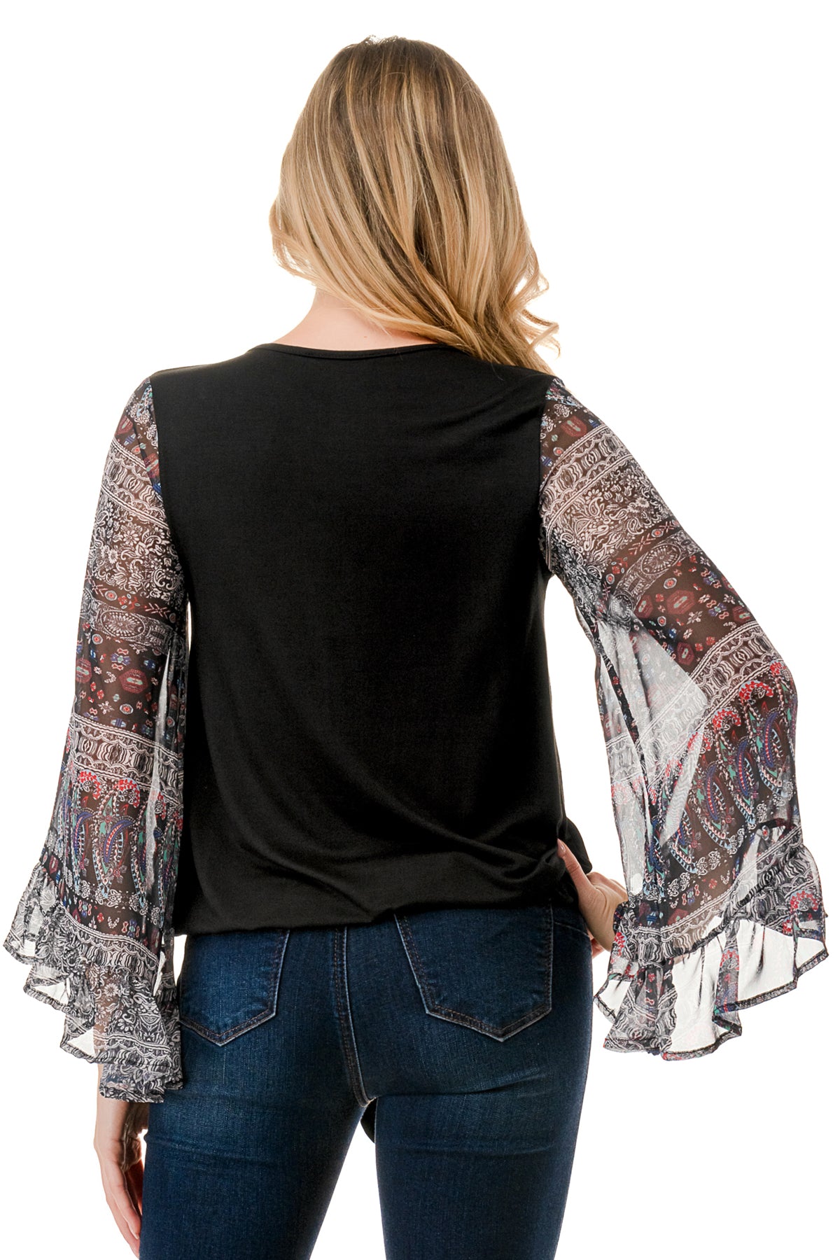 JANE V NECK RUFFLE SLEEVE TOP (BLACK / VINTAGE BOHO)- VT3171