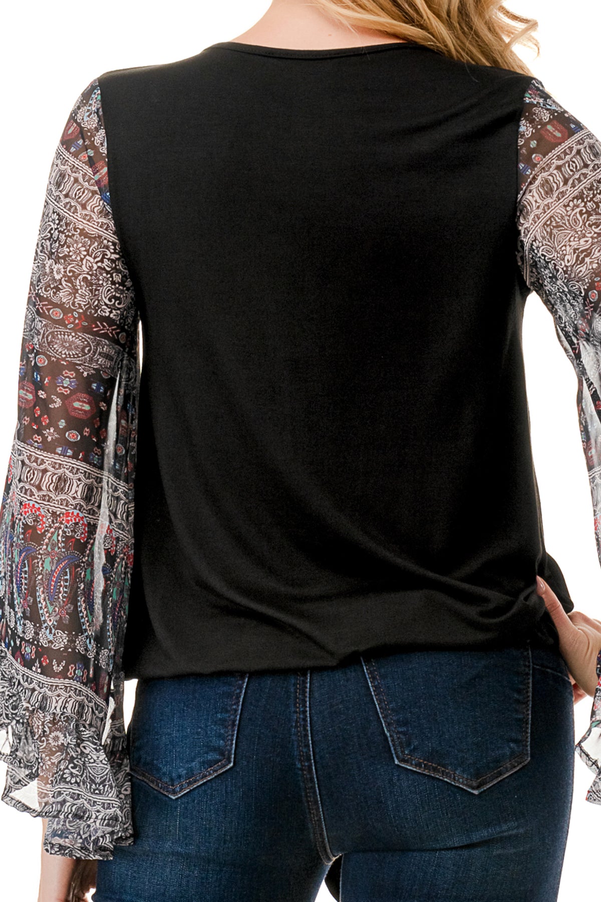 JANE V NECK RUFFLE SLEEVE TOP (BLACK / VINTAGE BOHO)- VT3171