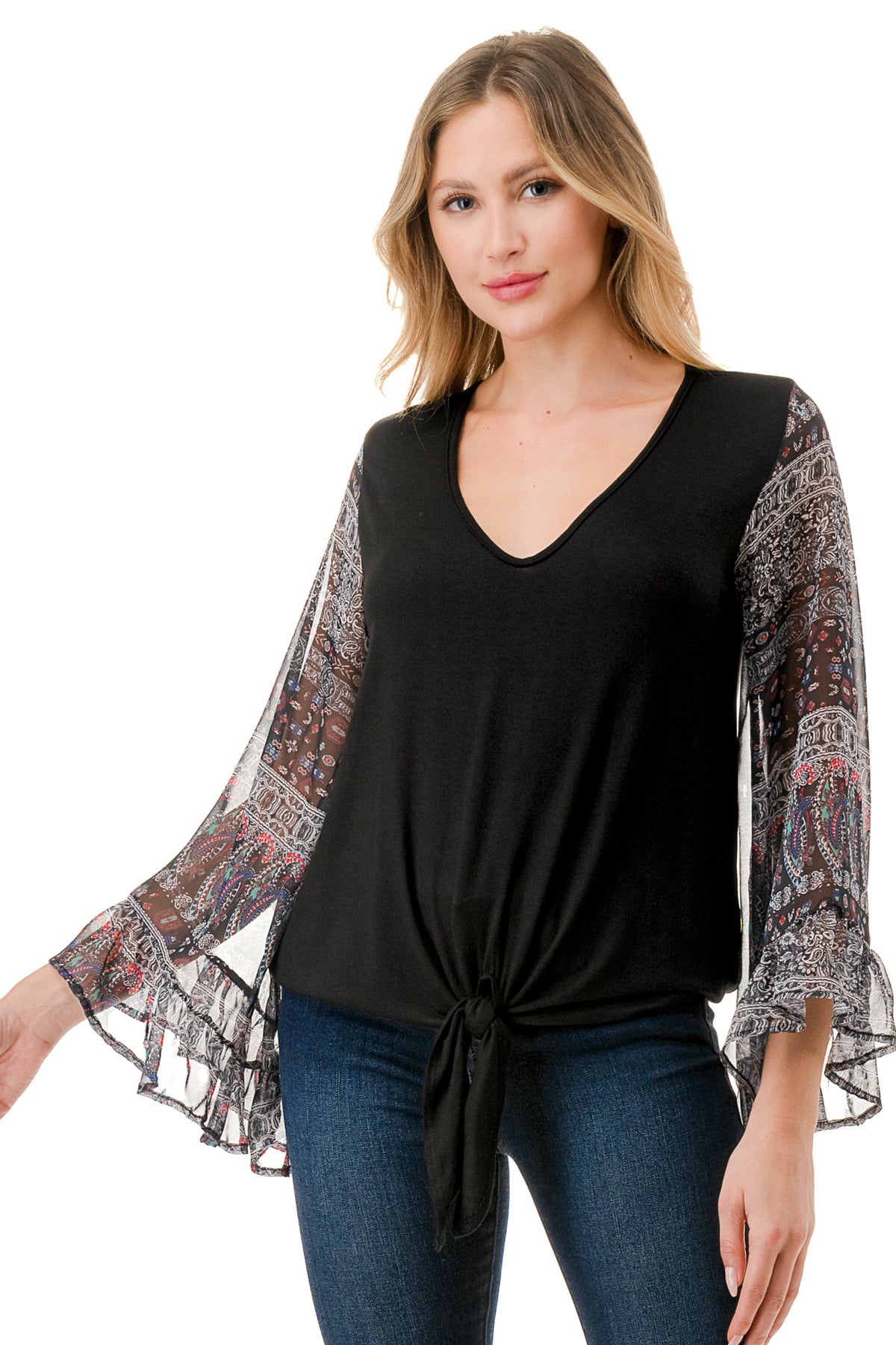 JANE V NECK RUFFLE SLEEVE TOP (BLACK / VINTAGE BOHO)- VT3171
