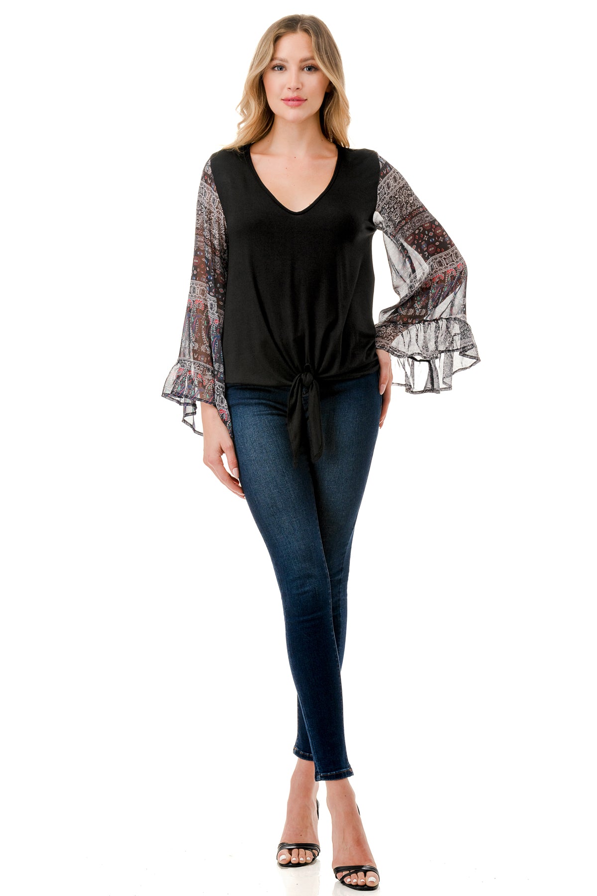 JANE V NECK RUFFLE SLEEVE TOP (BLACK / VINTAGE BOHO)- VT3171