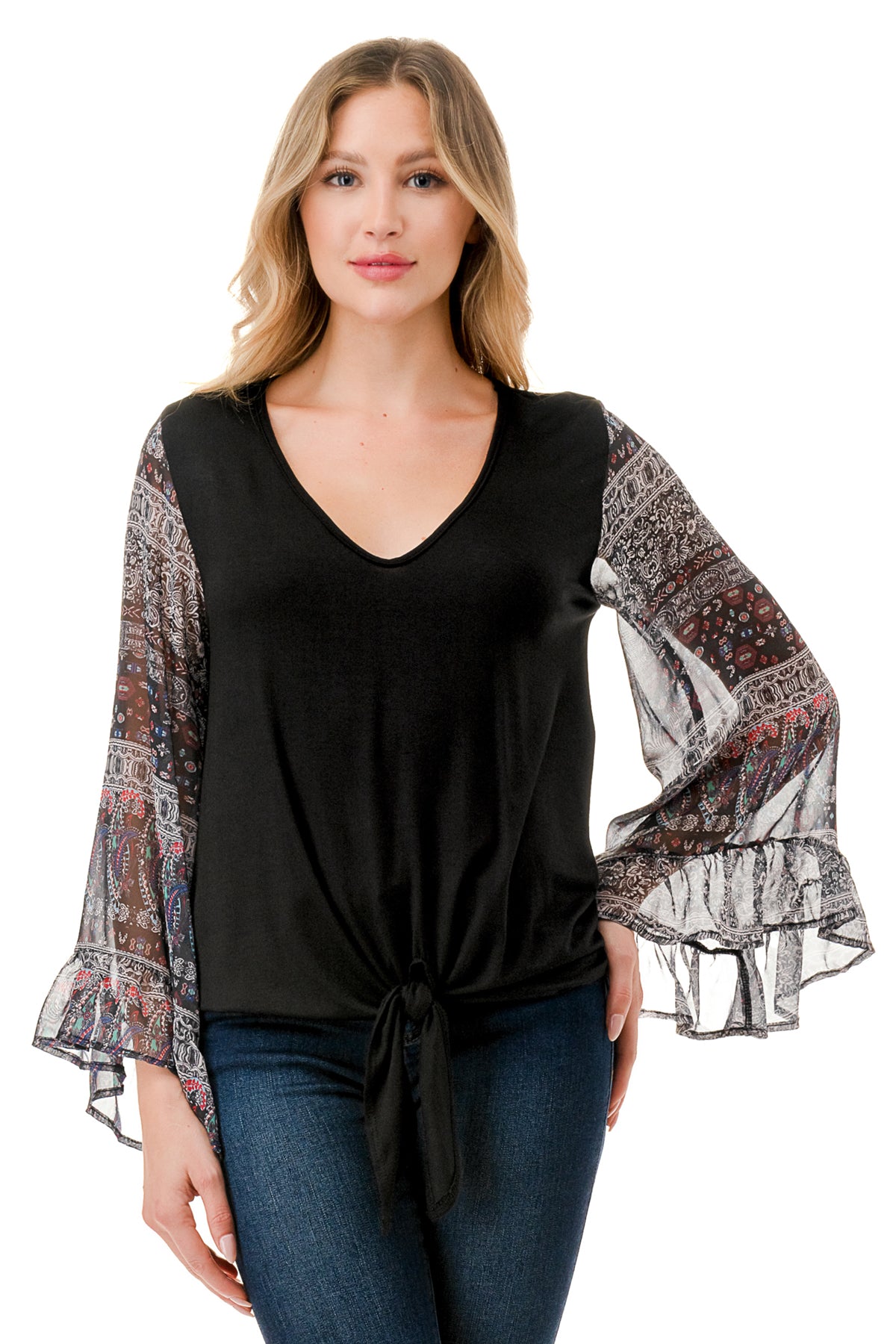 JANE V NECK RUFFLE SLEEVE TOP (BLACK / VINTAGE BOHO)- VT3171