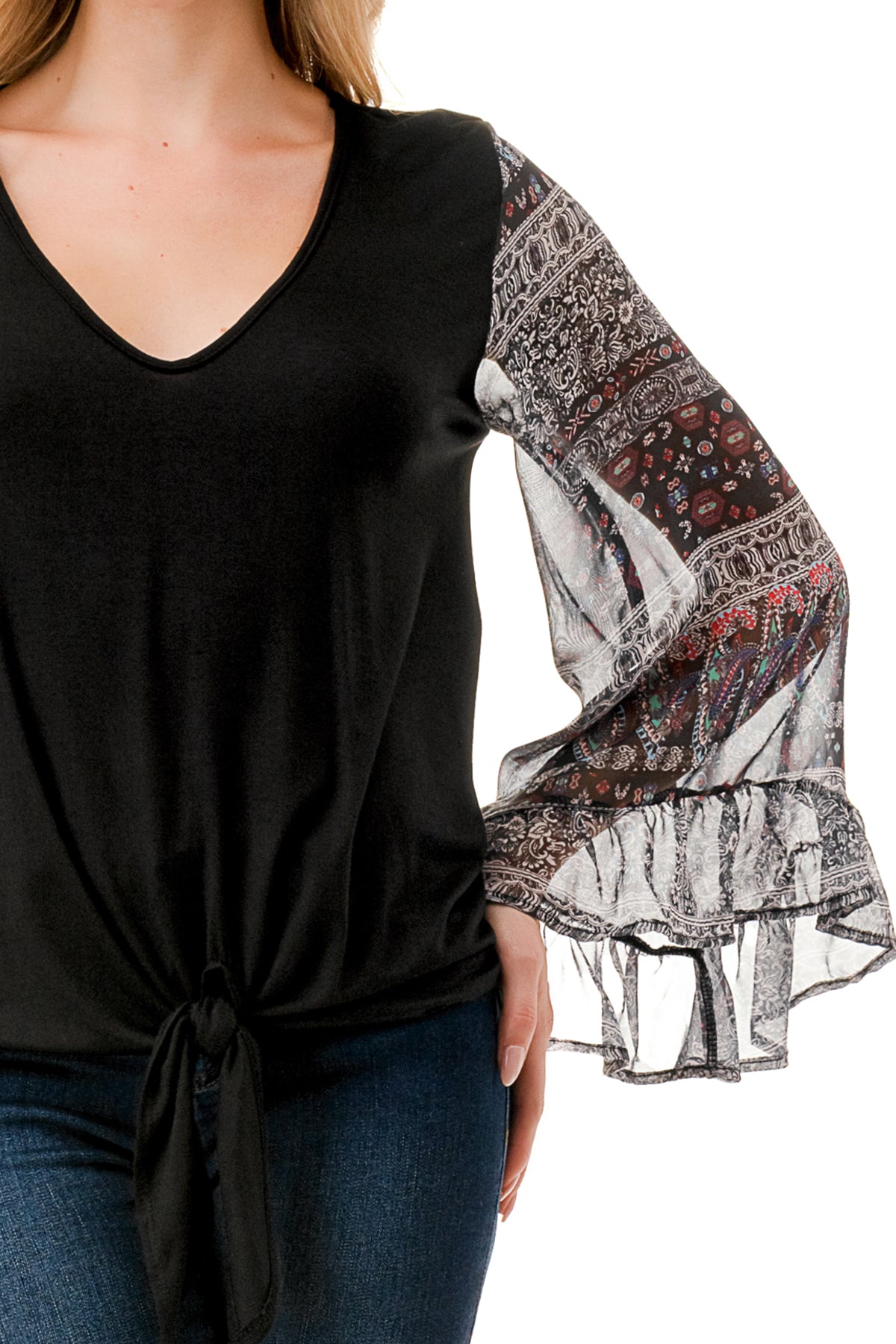 JANE V NECK RUFFLE SLEEVE TOP (BLACK / VINTAGE BOHO)- VT3171