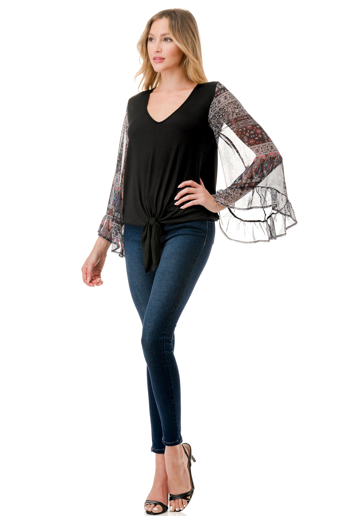 JANE V NECK RUFFLE SLEEVE TOP (BLACK / VINTAGE BOHO)- VT3171