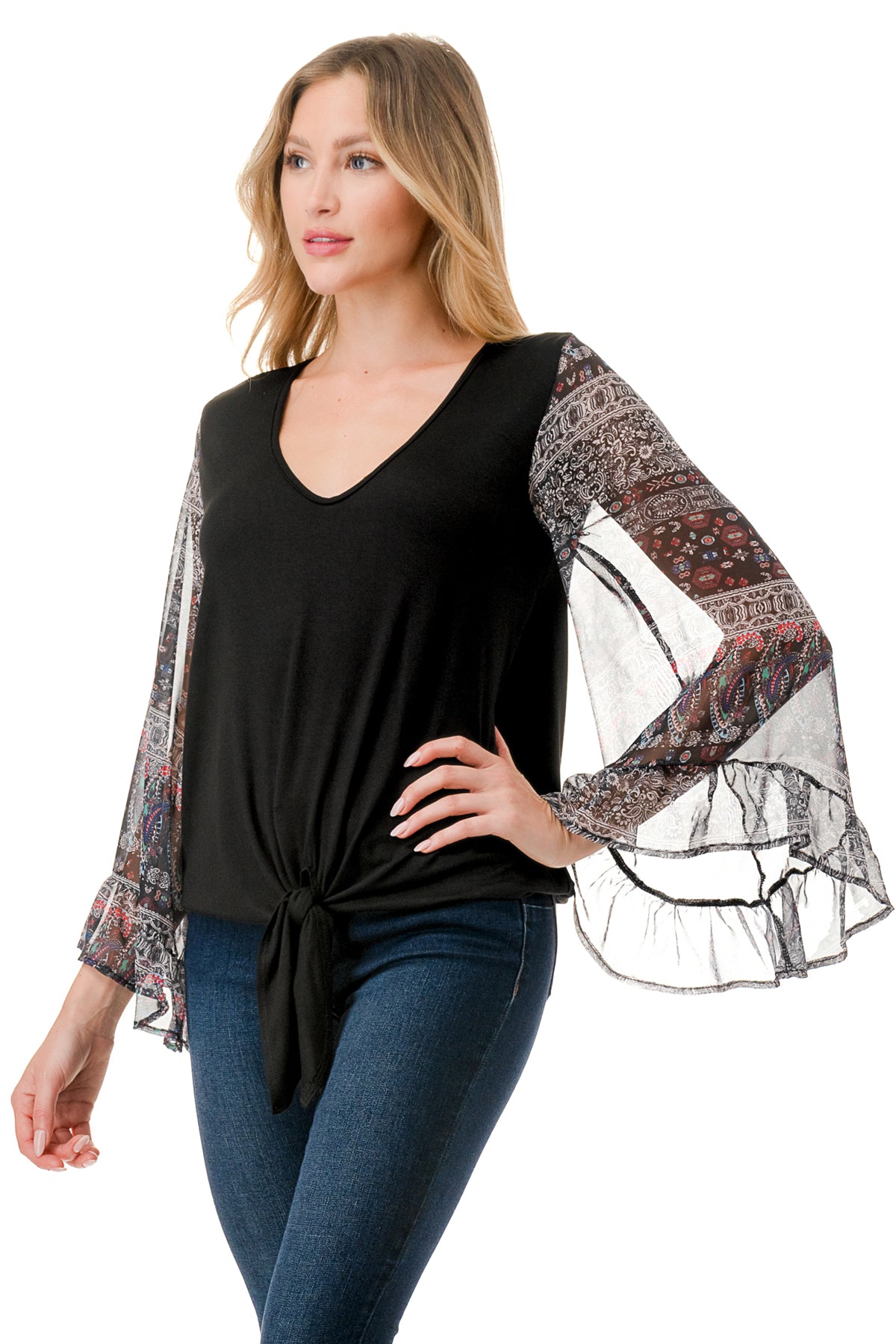 JANE V NECK RUFFLE SLEEVE TOP (BLACK / VINTAGE BOHO)- VT3171