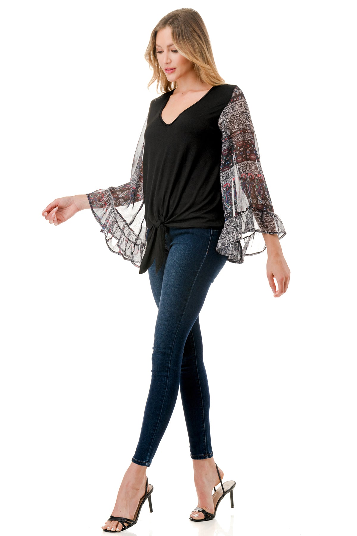JANE V NECK RUFFLE SLEEVE TOP (BLACK / VINTAGE BOHO)- VT3171