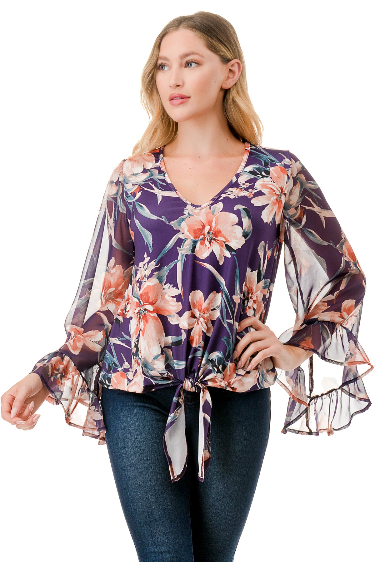 JANE V NECK RUFFLE SLEEVE TOP (PURPLE FLORAL /  PURPLE FLORAL CHIFFON)- VT3171