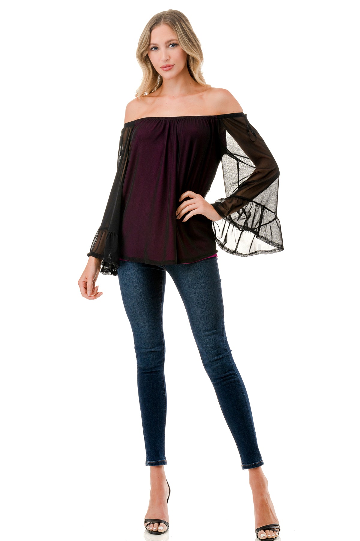 JANE OFF SHOULDER RUFFLE SLEEVE TOP (MAGENTA / BLACK MESH)- VT3172