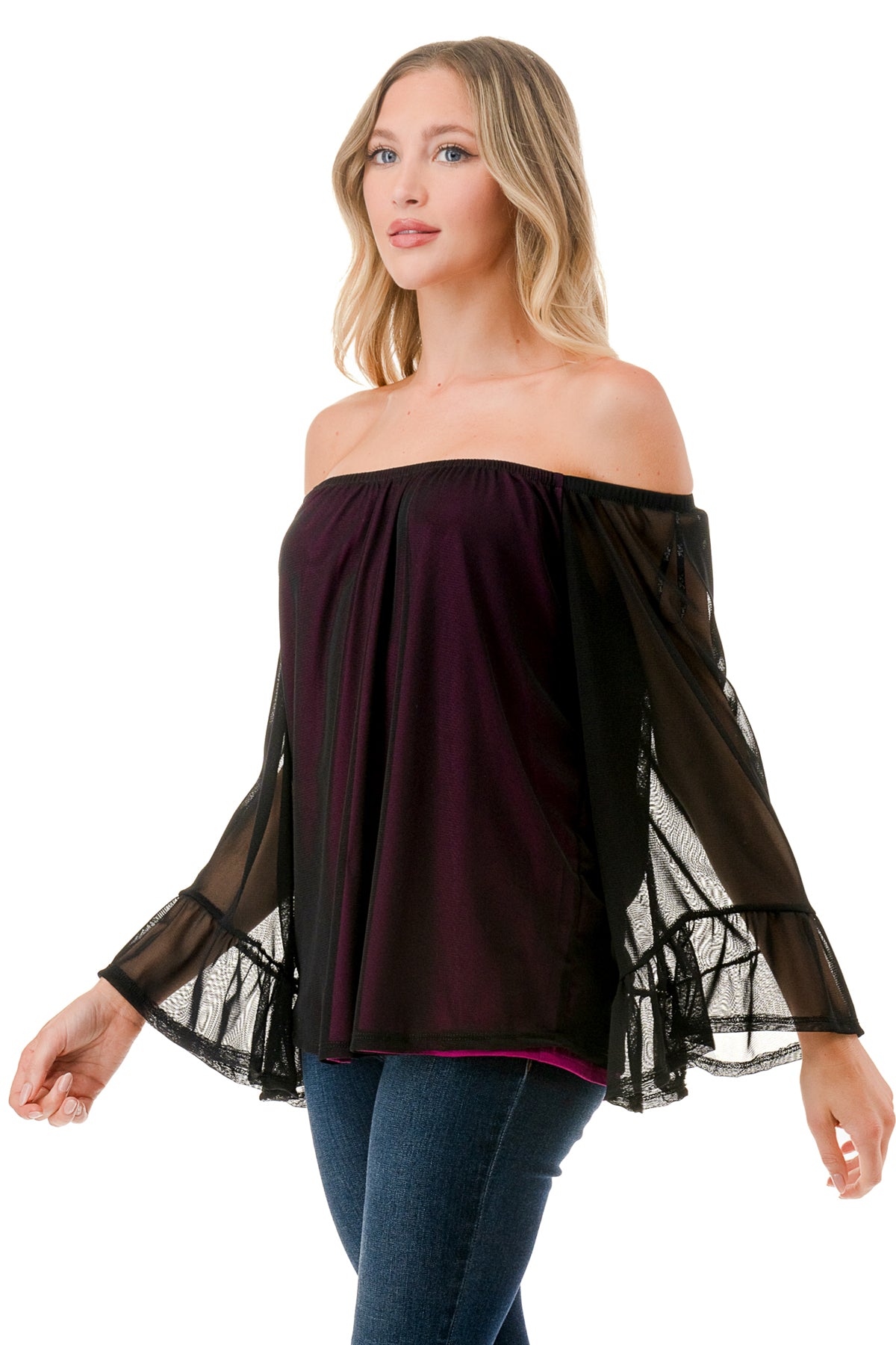 JANE OFF SHOULDER RUFFLE SLEEVE TOP (MAGENTA / BLACK MESH)- VT3172