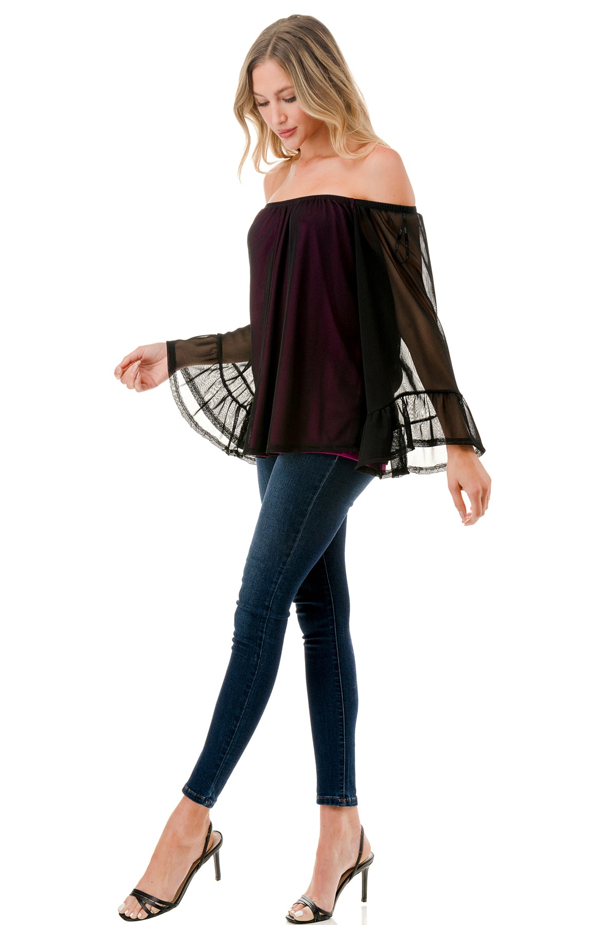 JANE OFF SHOULDER RUFFLE SLEEVE TOP (MAGENTA / BLACK MESH)- VT3172
